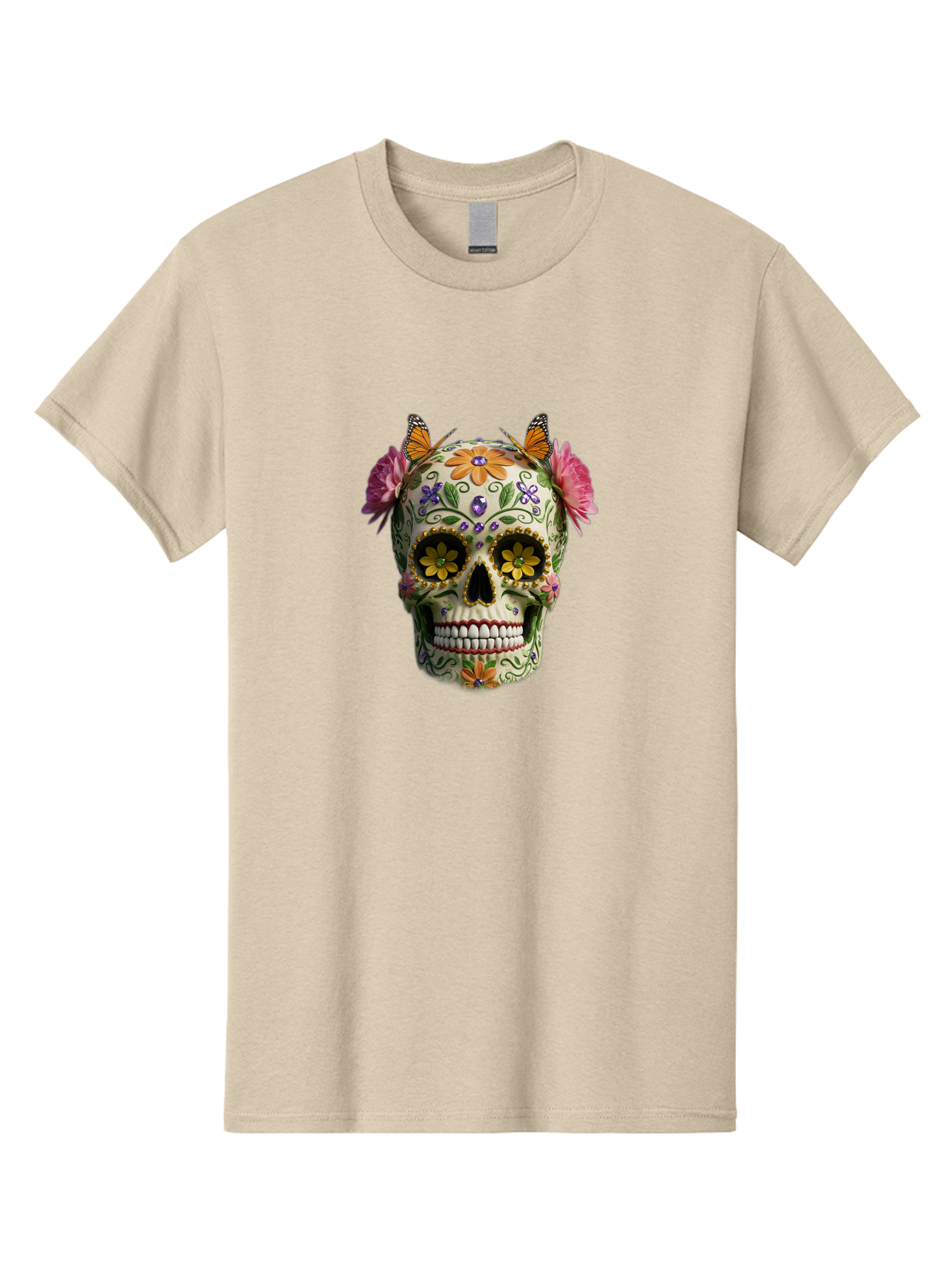 Sugar-Skull-23 Men'S Graphic Tee, 100% Cotton, Comfortable Casual Summer Wear, Machine Washable, Sugar Skull, Floral Designs, Vibrant Colors, Butterfly Decorations, Day Of The Dead, Mexican Culture, Festive Atmosphere, Colorful Flowers, Bad773 3