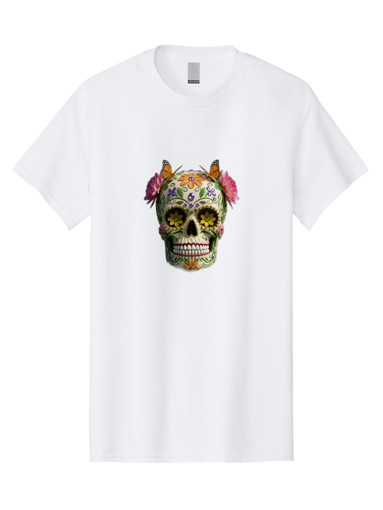 Sugar-Skull-23 Men'S Graphic Tee, 100% Cotton, Comfortable Casual Summer Wear, Machine Washable, Sugar Skull, Floral Designs, Vibrant Colors, Butterfly Decorations, Day Of The Dead, Mexican Culture, Festive Atmosphere, Colorful Flowers, Bad773 4