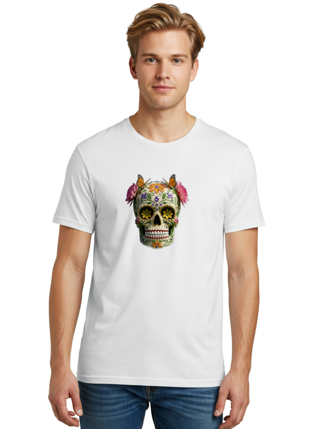 Sugar-Skull-23 Men'S Graphic Tee, 100% Cotton, Comfortable Casual Summer Wear, Machine Washable, Sugar Skull, Floral Designs, Vibrant Colors, Butterfly Decorations, Day Of The Dead, Mexican Culture, Festive Atmosphere, Colorful Flowers, Bad773 19