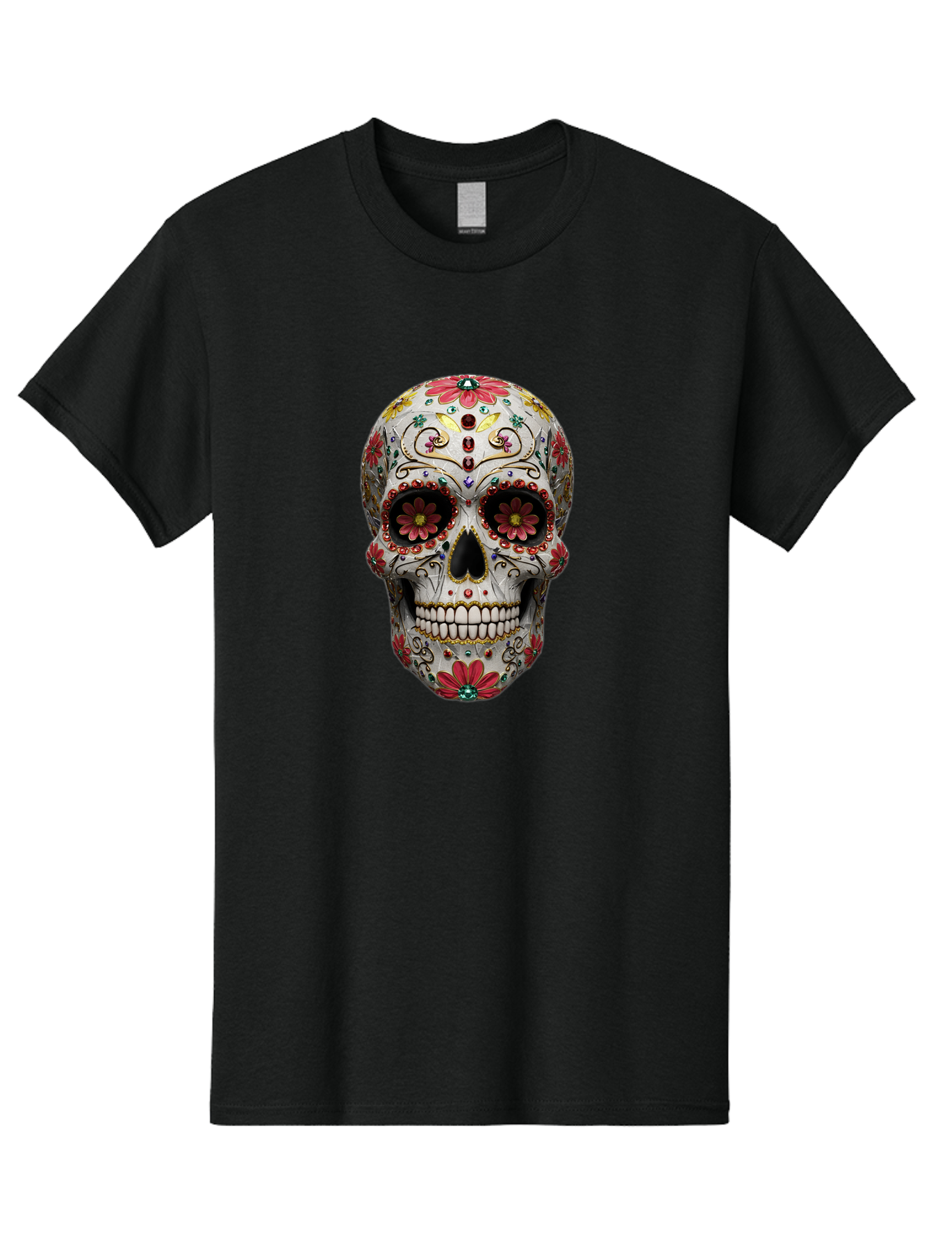 Sugar-Skull-24 Men'S Graphic Tee, 100% Cotton, Comfortable Casual Summer Wear, Machine Washable, Sugar Skull, Decorative Skull, Floral Designs, Red Flowers, Gold Accents, Day Of The Dead, Mexican Culture, Vibrant Colors, Intricate Details, Bad774 8