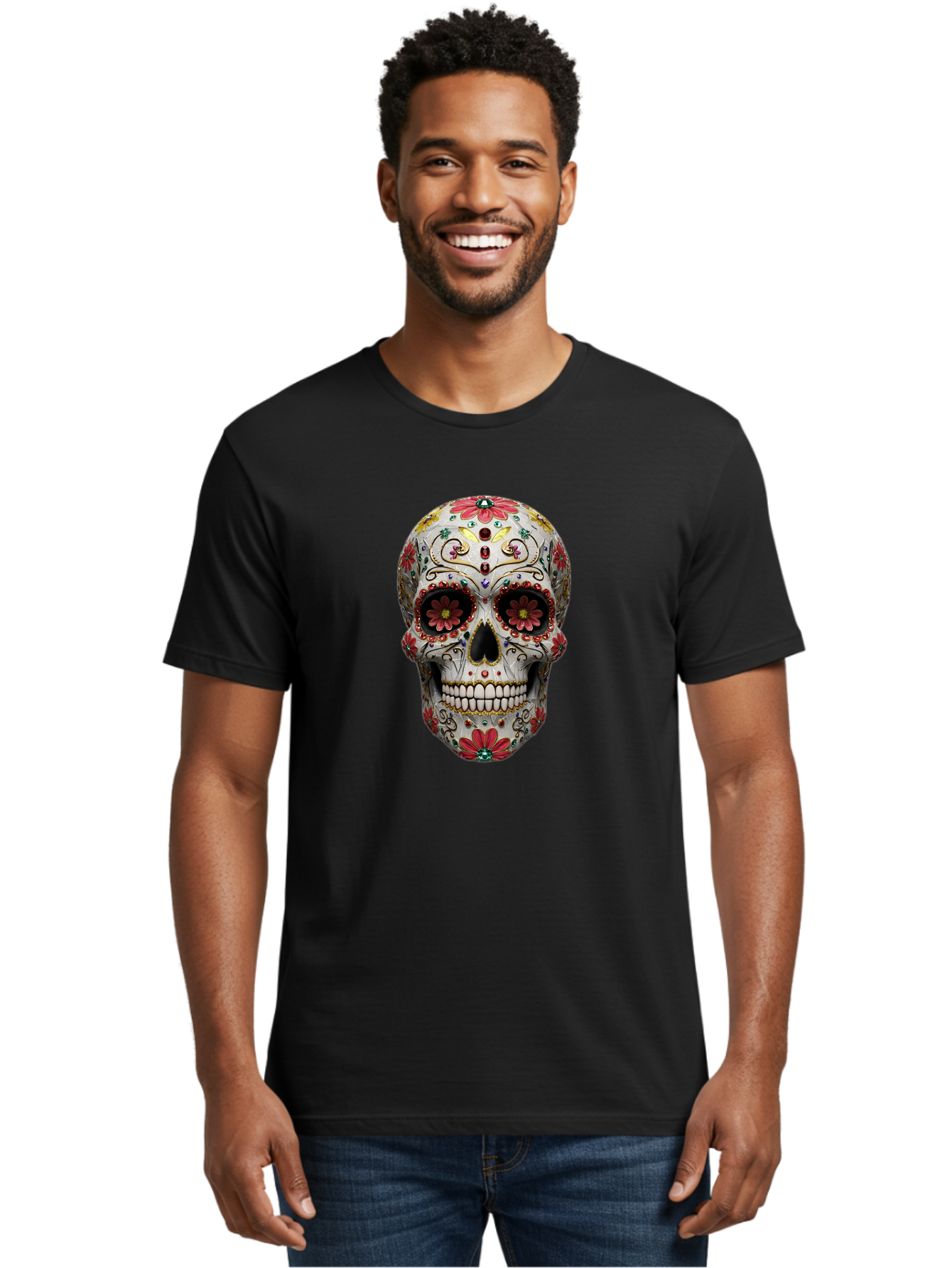 Sugar-Skull-24 Men'S Graphic Tee, 100% Cotton, Comfortable Casual Summer Wear, Machine Washable, Sugar Skull, Decorative Skull, Floral Designs, Red Flowers, Gold Accents, Day Of The Dead, Mexican Culture, Vibrant Colors, Intricate Details, Bad774 23