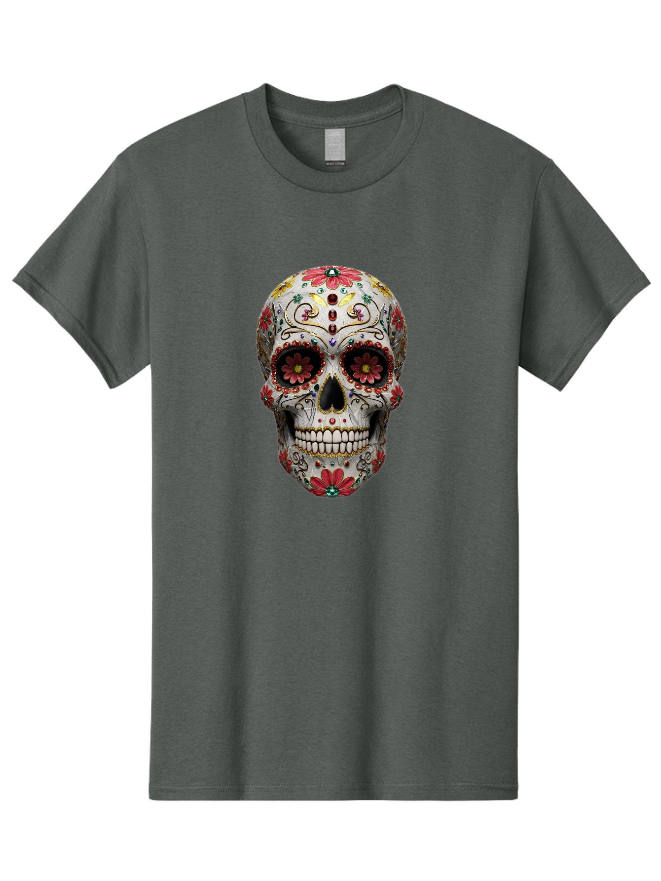 Sugar-Skull-24 Men'S Graphic Tee, 100% Cotton, Comfortable Casual Summer Wear, Machine Washable, Sugar Skull, Decorative Skull, Floral Designs, Red Flowers, Gold Accents, Day Of The Dead, Mexican Culture, Vibrant Colors, Intricate Details, Bad774 7