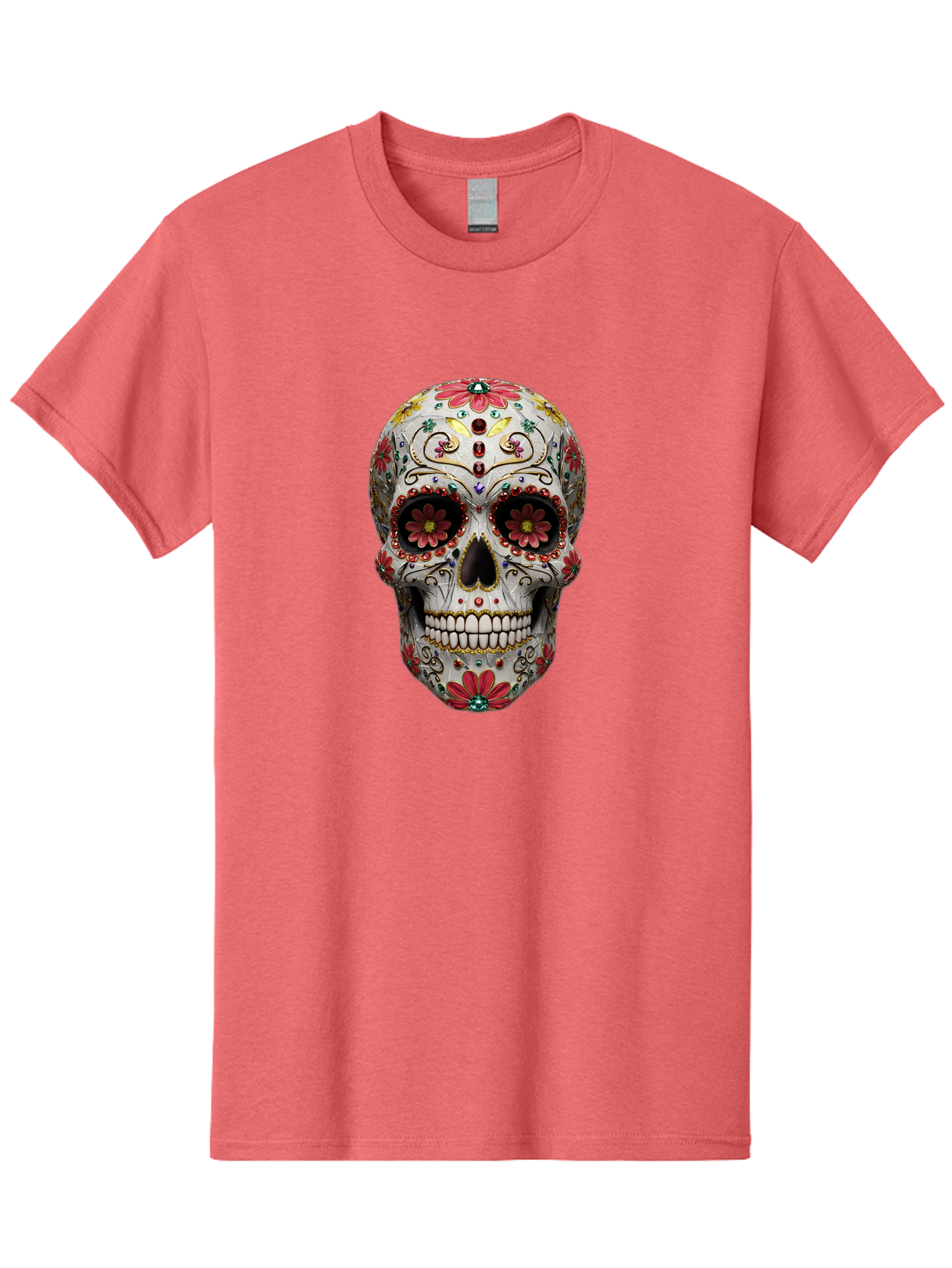 Sugar-Skull-24 Men'S Graphic Tee, 100% Cotton, Comfortable Casual Summer Wear, Machine Washable, Sugar Skull, Decorative Skull, Floral Designs, Red Flowers, Gold Accents, Day Of The Dead, Mexican Culture, Vibrant Colors, Intricate Details, Bad774 15