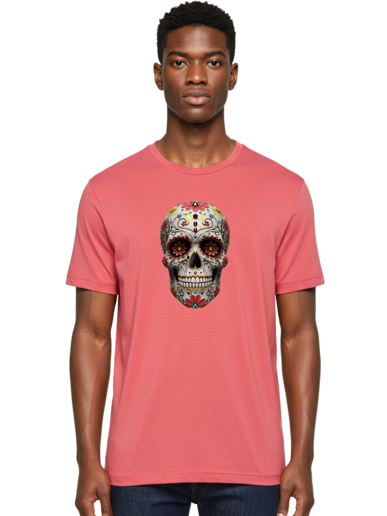 Sugar-Skull-24 Men'S Graphic Tee, 100% Cotton, Comfortable Casual Summer Wear, Machine Washable, Sugar Skull, Decorative Skull, Floral Designs, Red Flowers, Gold Accents, Day Of The Dead, Mexican Culture, Vibrant Colors, Intricate Details, Bad774 30