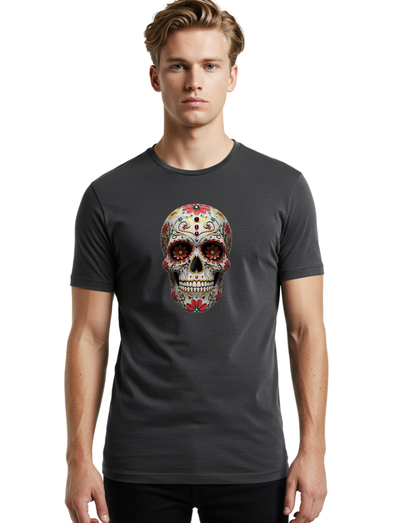 Sugar-Skull-24 Men'S Graphic Tee, 100% Cotton, Comfortable Casual Summer Wear, Machine Washable, Sugar Skull, Decorative Skull, Floral Designs, Red Flowers, Gold Accents, Day Of The Dead, Mexican Culture, Vibrant Colors, Intricate Details, Bad774 24