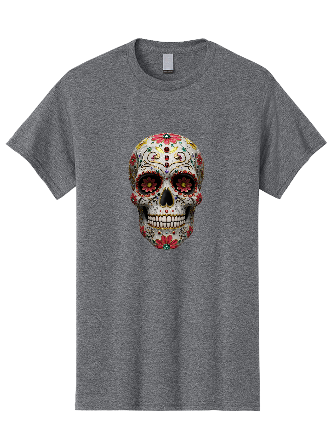 Sugar-Skull-24 Men'S Graphic Tee, 100% Cotton, Comfortable Casual Summer Wear, Machine Washable, Sugar Skull, Decorative Skull, Floral Designs, Red Flowers, Gold Accents, Day Of The Dead, Mexican Culture, Vibrant Colors, Intricate Details, Bad774 4