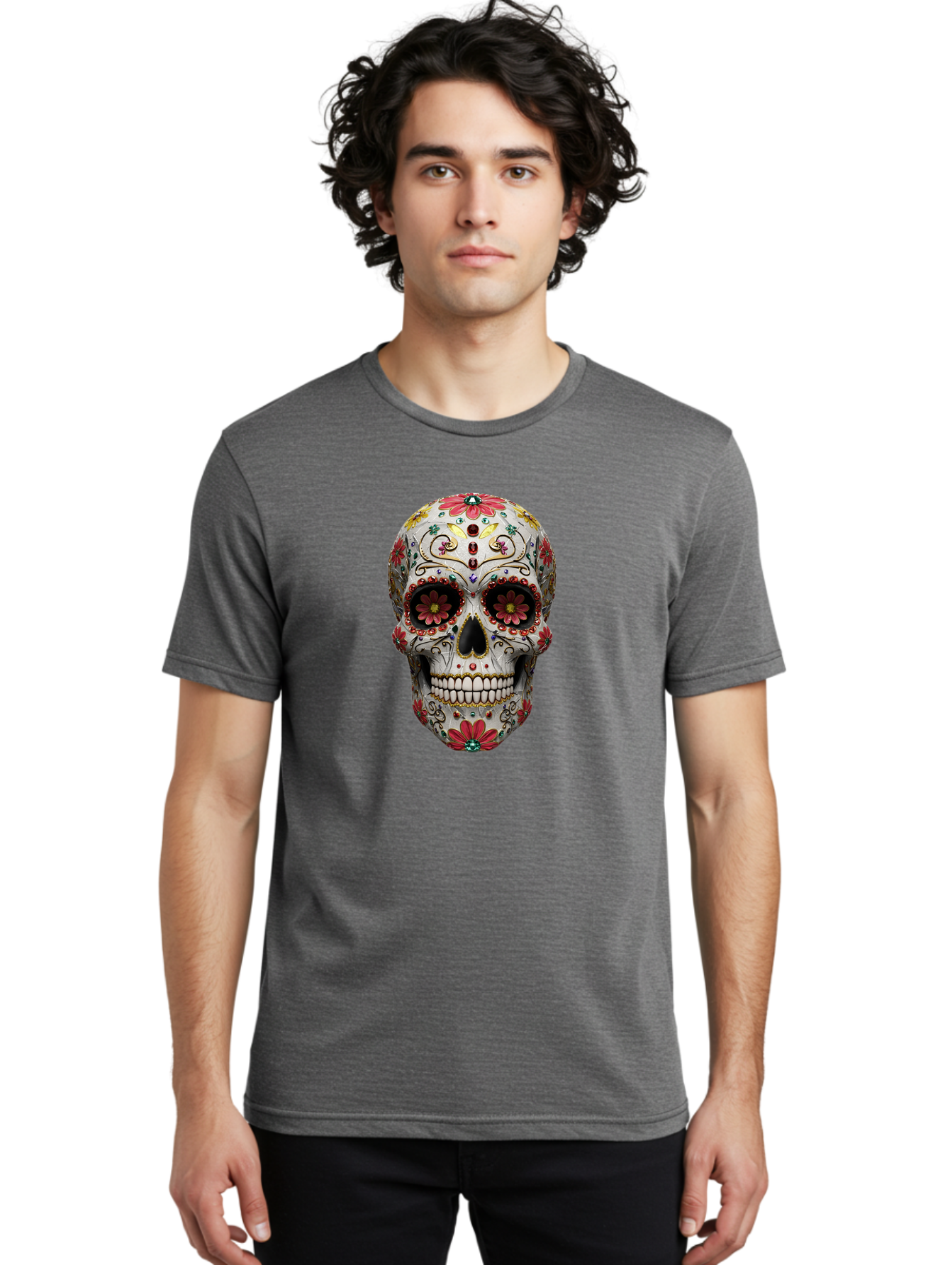 Sugar-Skull-24 Men'S Graphic Tee, 100% Cotton, Comfortable Casual Summer Wear, Machine Washable, Sugar Skull, Decorative Skull, Floral Designs, Red Flowers, Gold Accents, Day Of The Dead, Mexican Culture, Vibrant Colors, Intricate Details, Bad774 19