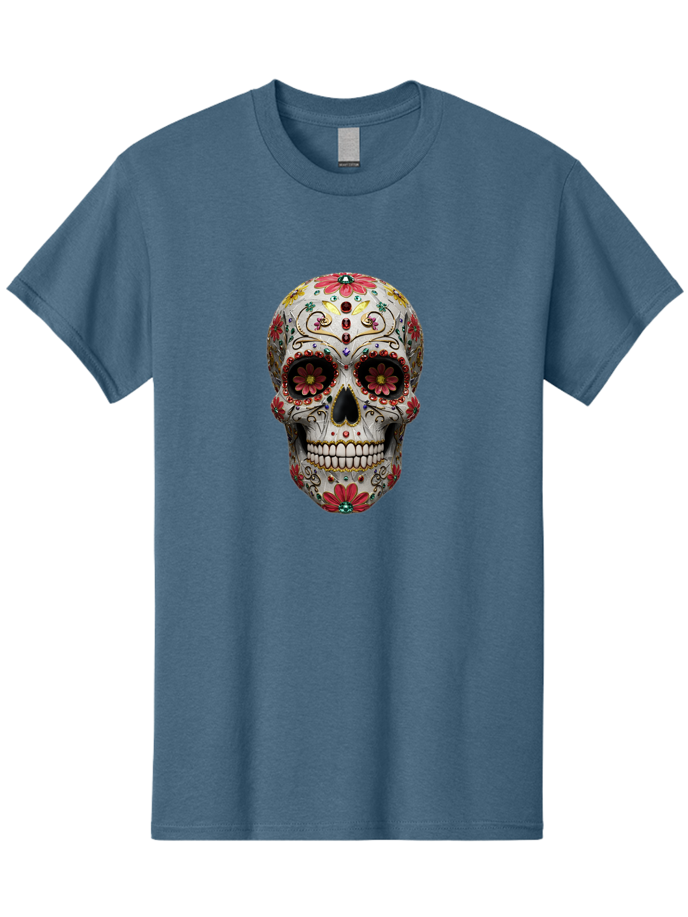Sugar-Skull-24 Men'S Graphic Tee, 100% Cotton, Comfortable Casual Summer Wear, Machine Washable, Sugar Skull, Decorative Skull, Floral Designs, Red Flowers, Gold Accents, Day Of The Dead, Mexican Culture, Vibrant Colors, Intricate Details, Bad774 2