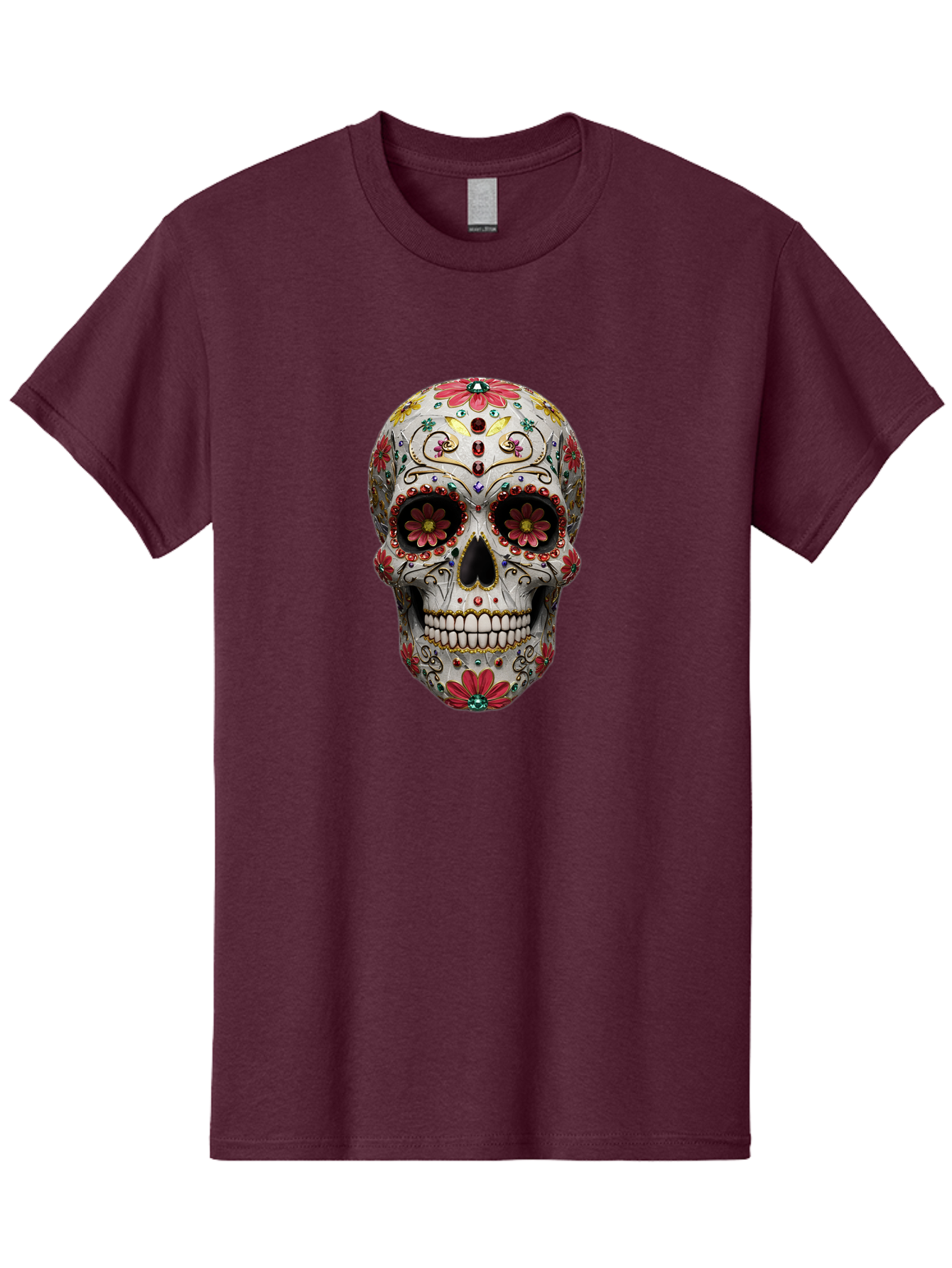 Sugar-Skull-24 Men'S Graphic Tee, 100% Cotton, Comfortable Casual Summer Wear, Machine Washable, Sugar Skull, Decorative Skull, Floral Designs, Red Flowers, Gold Accents, Day Of The Dead, Mexican Culture, Vibrant Colors, Intricate Details, Bad774 10