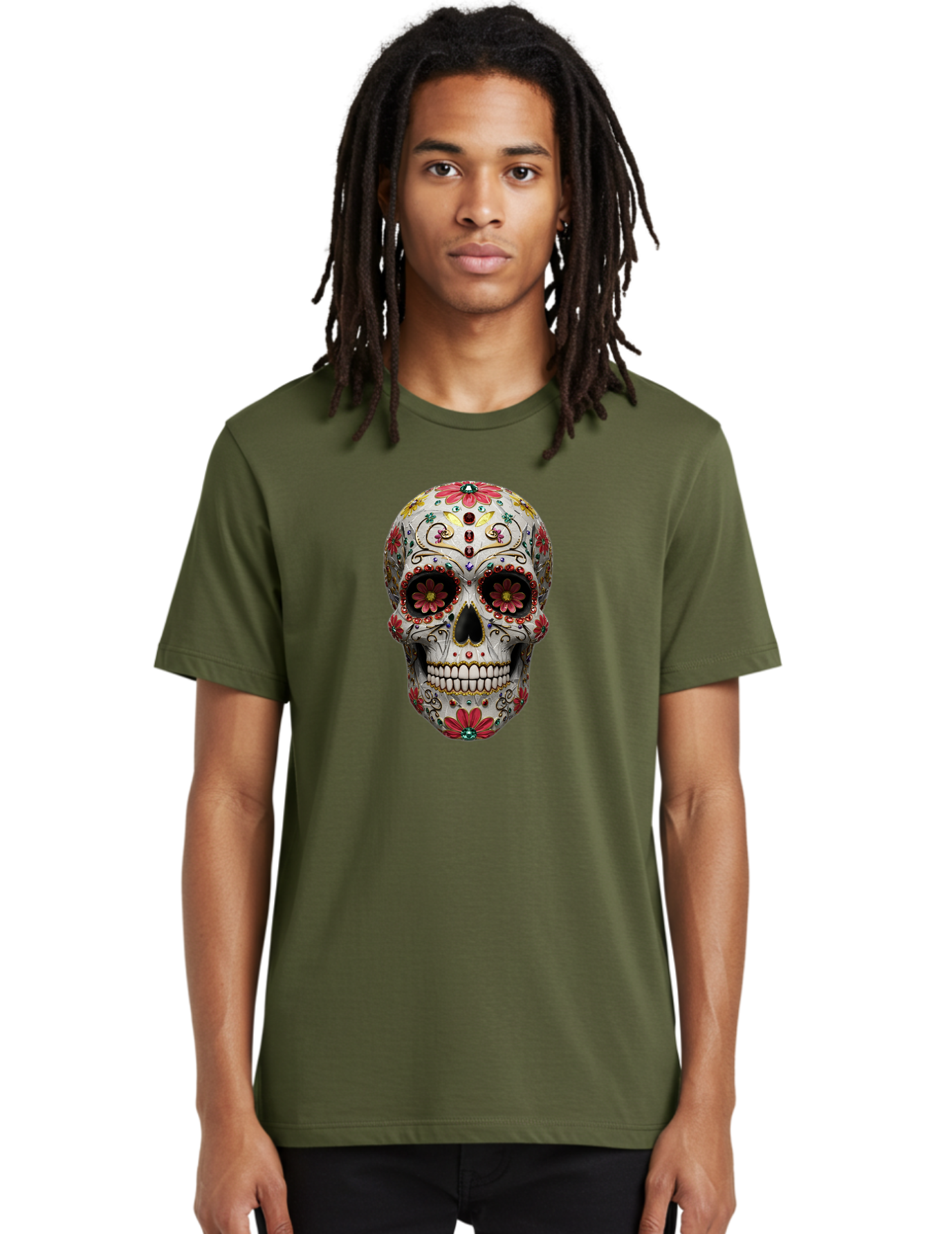 Sugar-Skull-24 Men'S Graphic Tee, 100% Cotton, Comfortable Casual Summer Wear, Machine Washable, Sugar Skull, Decorative Skull, Floral Designs, Red Flowers, Gold Accents, Day Of The Dead, Mexican Culture, Vibrant Colors, Intricate Details, Bad774 20