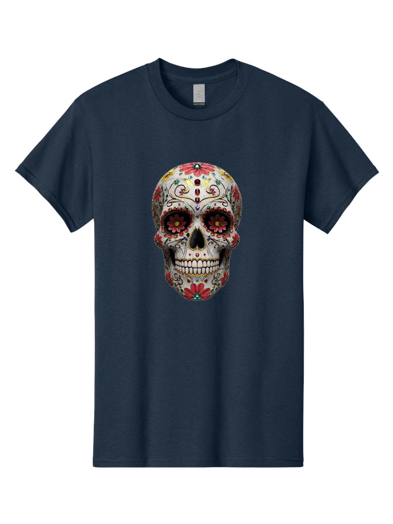 Sugar-Skull-24 Men'S Graphic Tee, 100% Cotton, Comfortable Casual Summer Wear, Machine Washable, Sugar Skull, Decorative Skull, Floral Designs, Red Flowers, Gold Accents, Day Of The Dead, Mexican Culture, Vibrant Colors, Intricate Details, Bad774 12