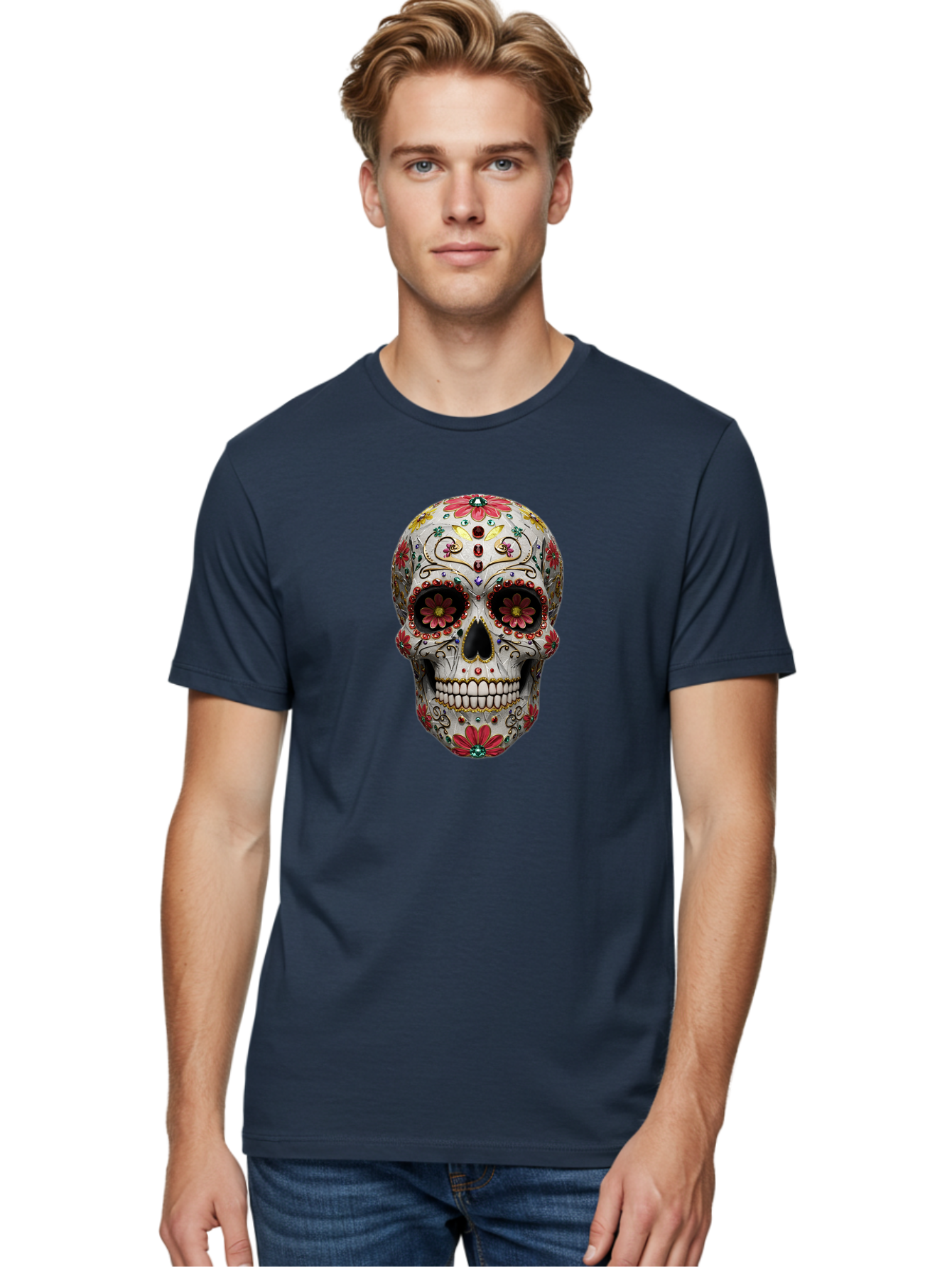 Sugar-Skull-24 Men'S Graphic Tee, 100% Cotton, Comfortable Casual Summer Wear, Machine Washable, Sugar Skull, Decorative Skull, Floral Designs, Red Flowers, Gold Accents, Day Of The Dead, Mexican Culture, Vibrant Colors, Intricate Details, Bad774 27