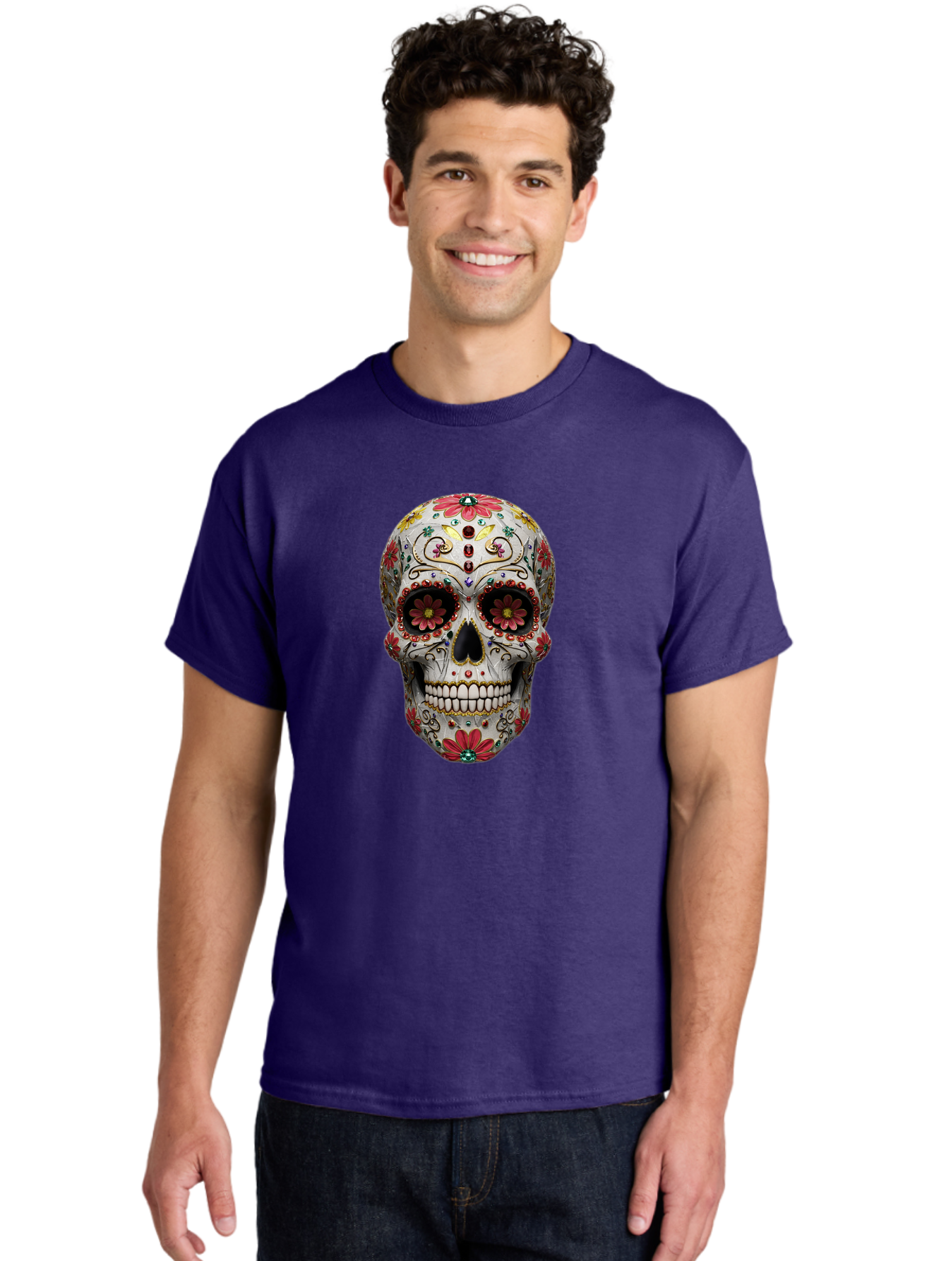 Sugar-Skull-24 Men'S Graphic Tee, 100% Cotton, Comfortable Casual Summer Wear, Machine Washable, Sugar Skull, Decorative Skull, Floral Designs, Red Flowers, Gold Accents, Day Of The Dead, Mexican Culture, Vibrant Colors, Intricate Details, Bad774 21