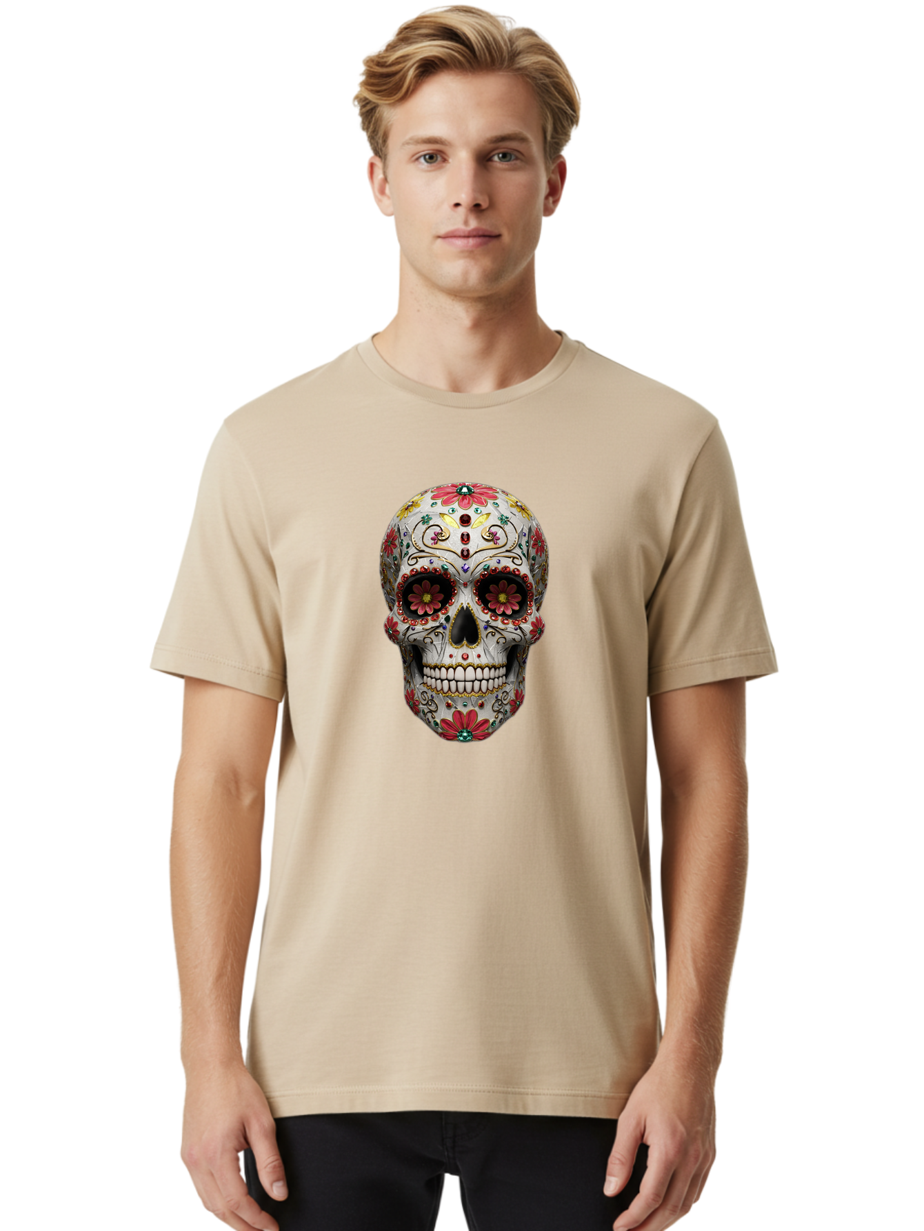 Sugar-Skull-24 Men'S Graphic Tee, 100% Cotton, Comfortable Casual Summer Wear, Machine Washable, Sugar Skull, Decorative Skull, Floral Designs, Red Flowers, Gold Accents, Day Of The Dead, Mexican Culture, Vibrant Colors, Intricate Details, Bad774 29