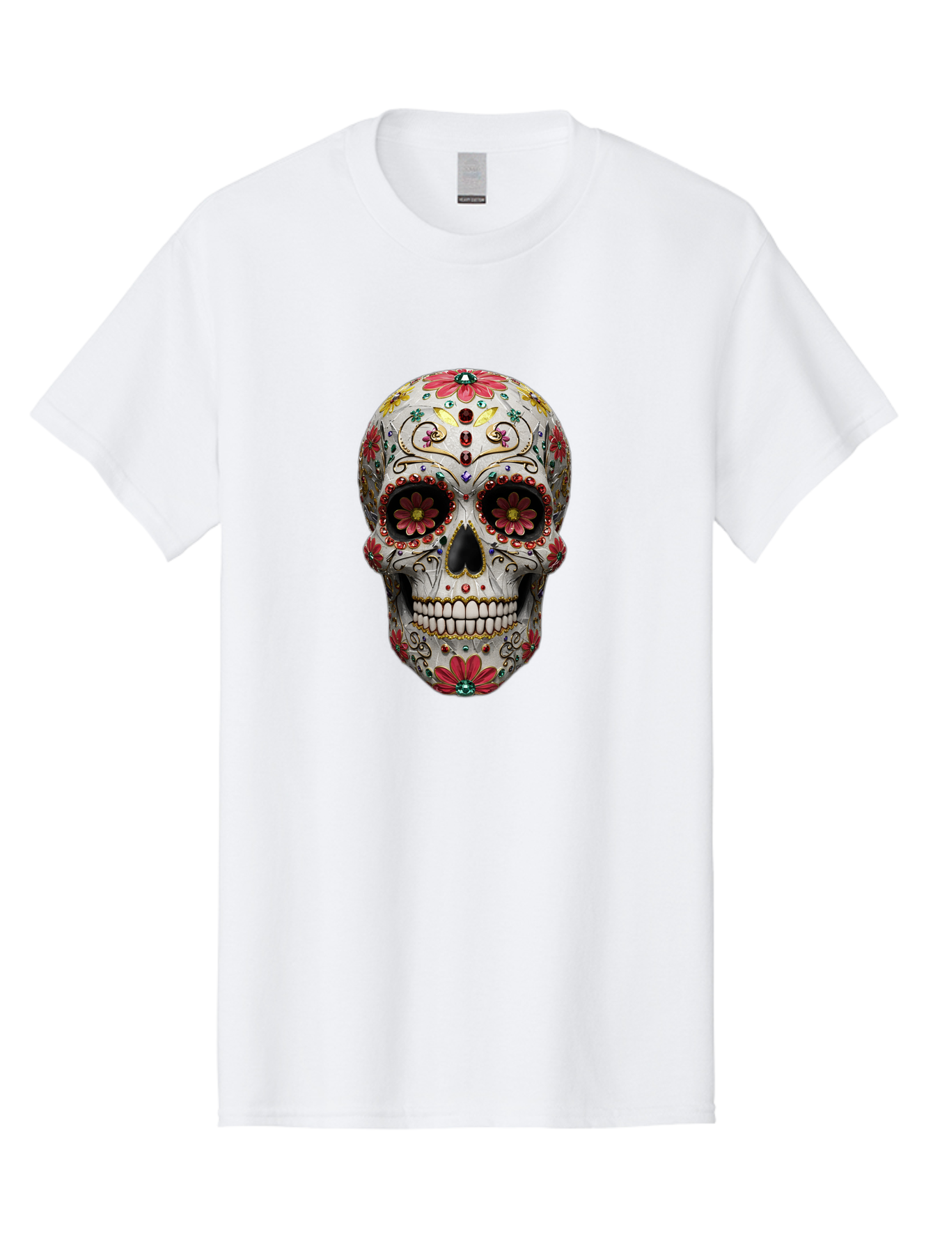 Sugar-Skull-24 Men'S Graphic Tee, 100% Cotton, Comfortable Casual Summer Wear, Machine Washable, Sugar Skull, Decorative Skull, Floral Designs, Red Flowers, Gold Accents, Day Of The Dead, Mexican Culture, Vibrant Colors, Intricate Details, Bad774 3