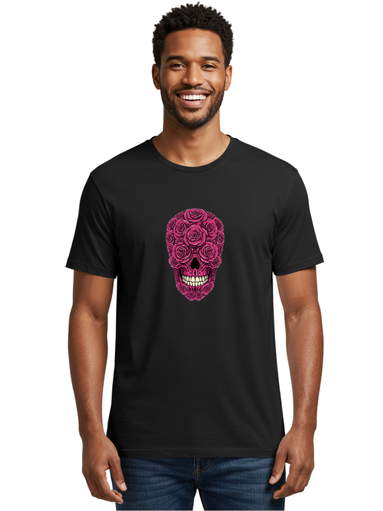 Sugar-Skull-3 Men'S Graphic Tee, 100% Cotton, Comfortable Casual Summer Wear, Machine Washable, Sugar Skull, Floral Skull, Roses, White Teeth, Vibrant Pink, Gothic Art, Day Of The Dead, Floral Design Bad775 20