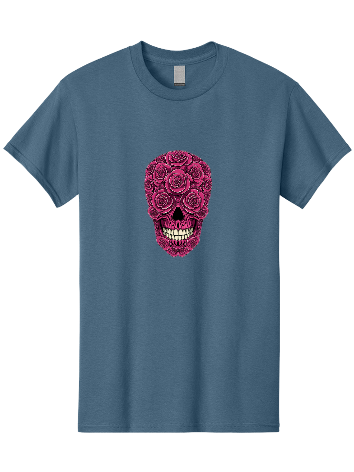 Sugar-Skull-3 Men'S Graphic Tee, 100% Cotton, Comfortable Casual Summer Wear, Machine Washable, Sugar Skull, Floral Skull, Roses, White Teeth, Vibrant Pink, Gothic Art, Day Of The Dead, Floral Design Bad775 1