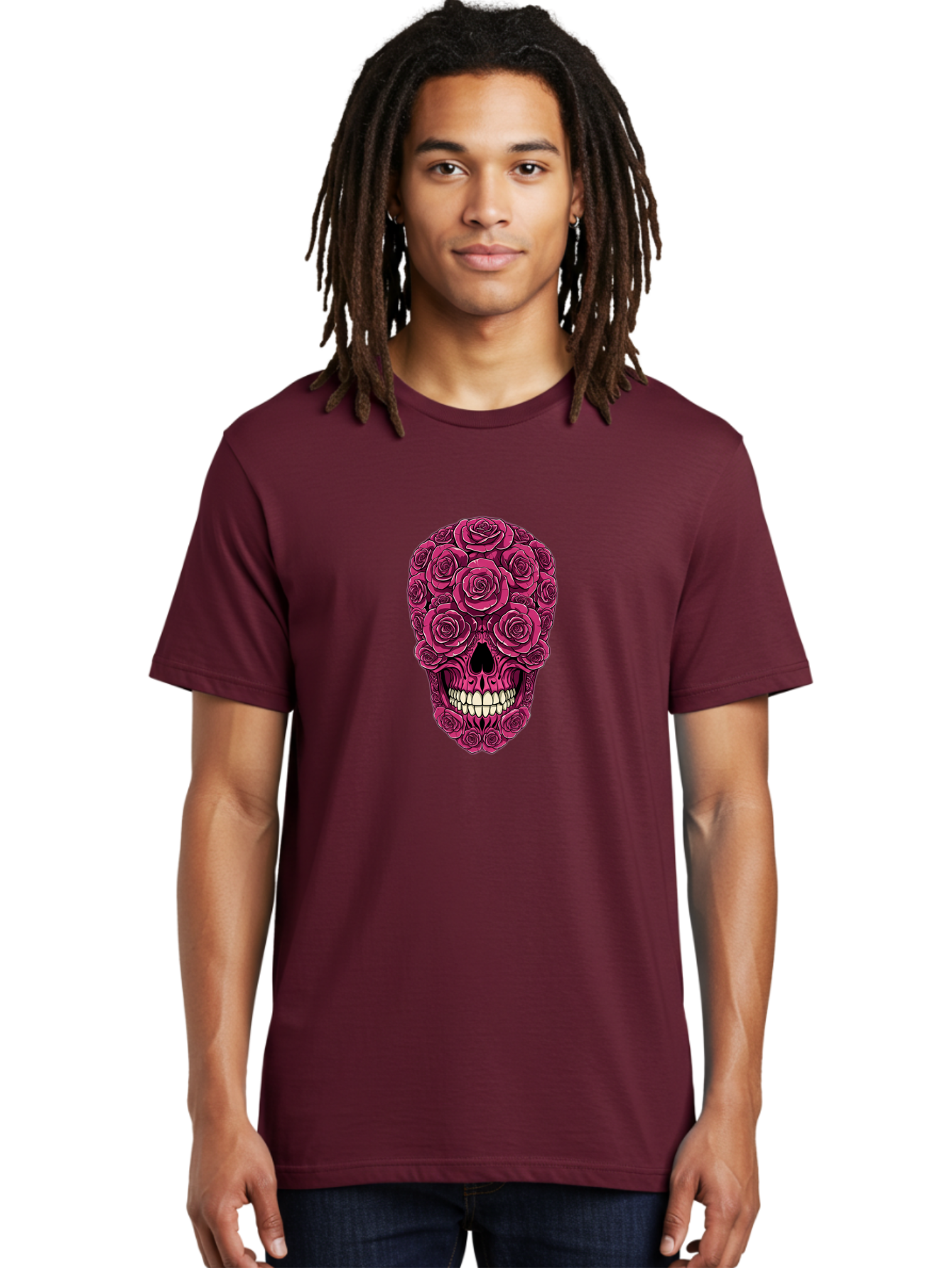 Sugar-Skull-3 Men'S Graphic Tee, 100% Cotton, Comfortable Casual Summer Wear, Machine Washable, Sugar Skull, Floral Skull, Roses, White Teeth, Vibrant Pink, Gothic Art, Day Of The Dead, Floral Design Bad775 26