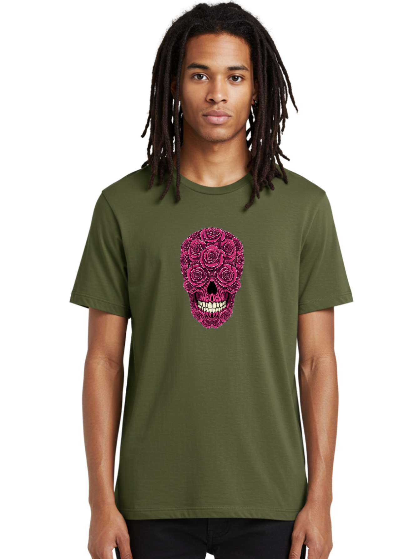 Sugar-Skull-3 Men'S Graphic Tee, 100% Cotton, Comfortable Casual Summer Wear, Machine Washable, Sugar Skull, Floral Skull, Roses, White Teeth, Vibrant Pink, Gothic Art, Day Of The Dead, Floral Design Bad775 25