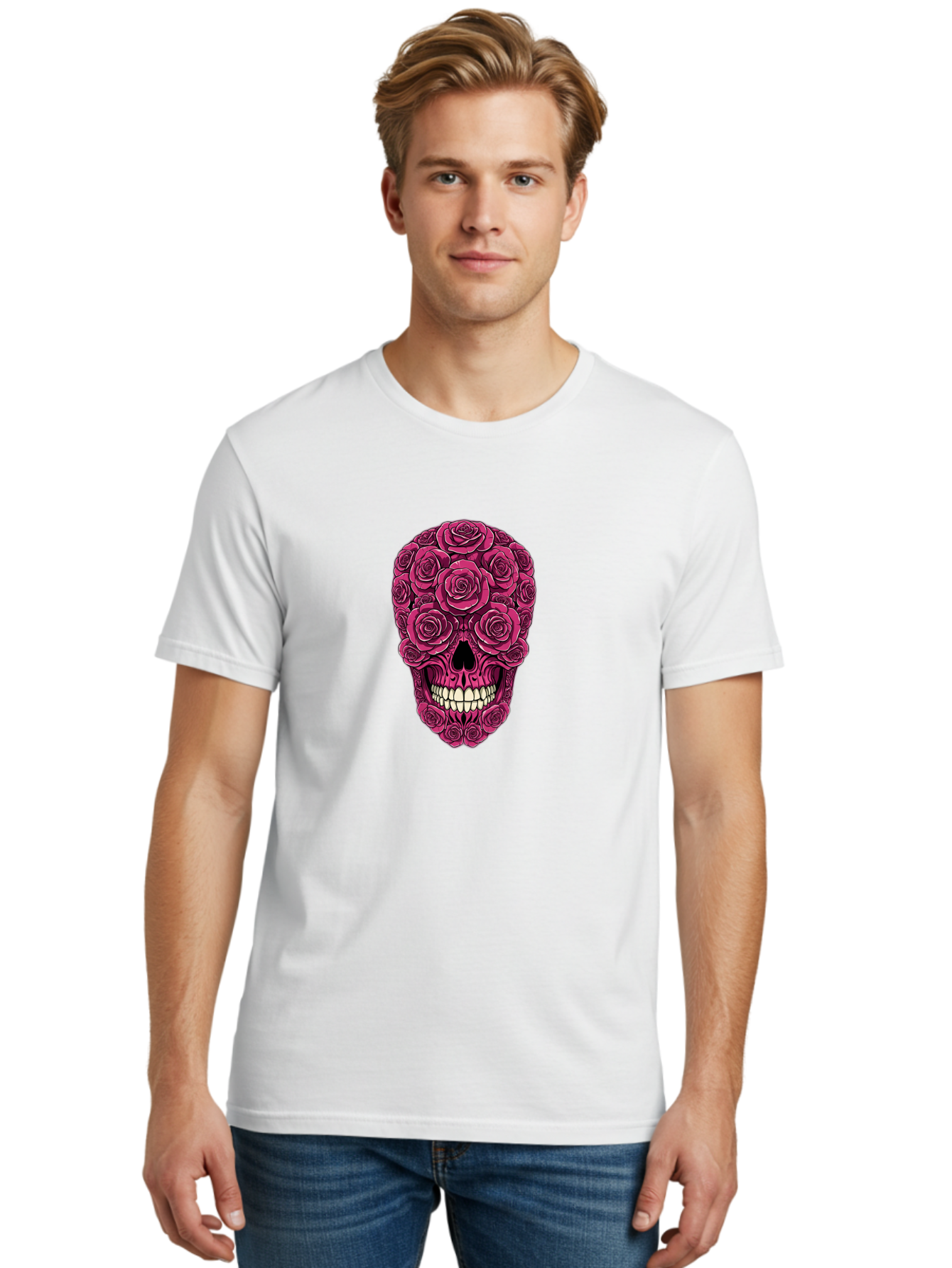 Sugar-Skull-3 Men'S Graphic Tee, 100% Cotton, Comfortable Casual Summer Wear, Machine Washable, Sugar Skull, Floral Skull, Roses, White Teeth, Vibrant Pink, Gothic Art, Day Of The Dead, Floral Design Bad775 23