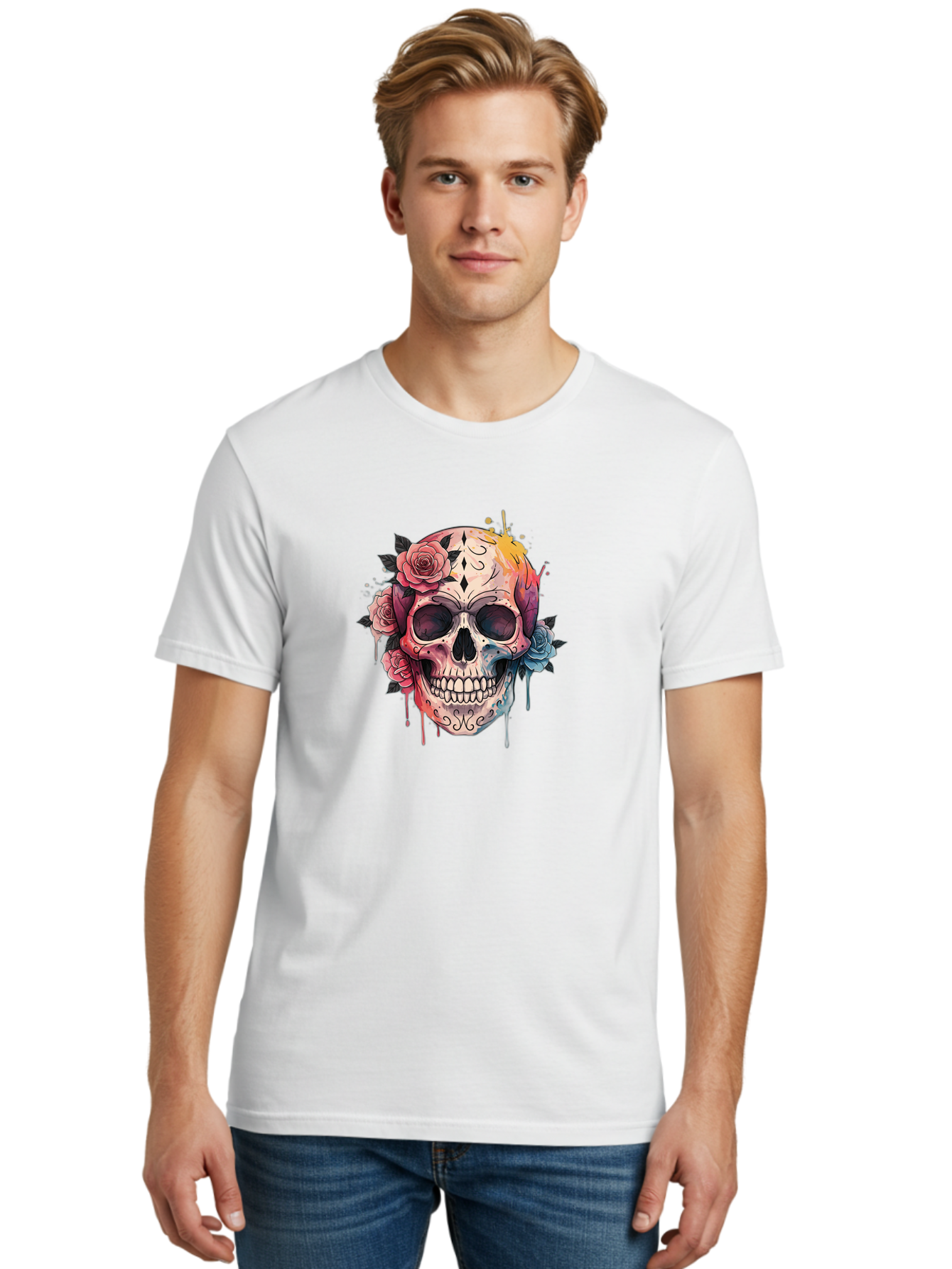 Sugar-Skull-4 Men'S Graphic Tee, 100% Cotton, Comfortable Casual Summer Wear, Machine Washable, Sugar Skull, Day Of The Dead, Floral Skull, Vibrant Colors, Intricate Designs, Abstract Art, Grunge Style, Street Art, Tattoo Art, Mexican Culture, Bad776 25