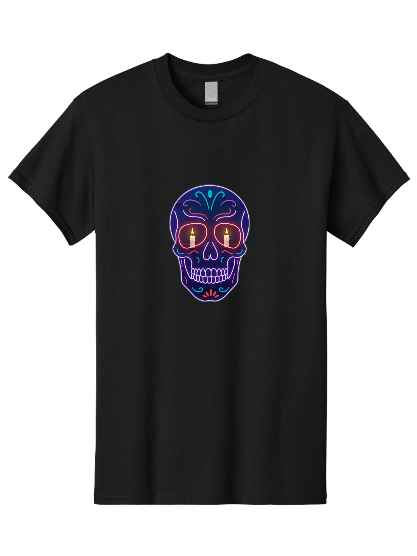 Sugar-Skull-5 Men'S Graphic Tee, 100% Cotton, Comfortable Casual Summer Wear, Machine Washable, Sugar Skull, Day Of The Dead, Neon Lights, Candles, Colorful Design, Vibrant Colors, Skull Decoration, Glowing Eyes Bad777 4