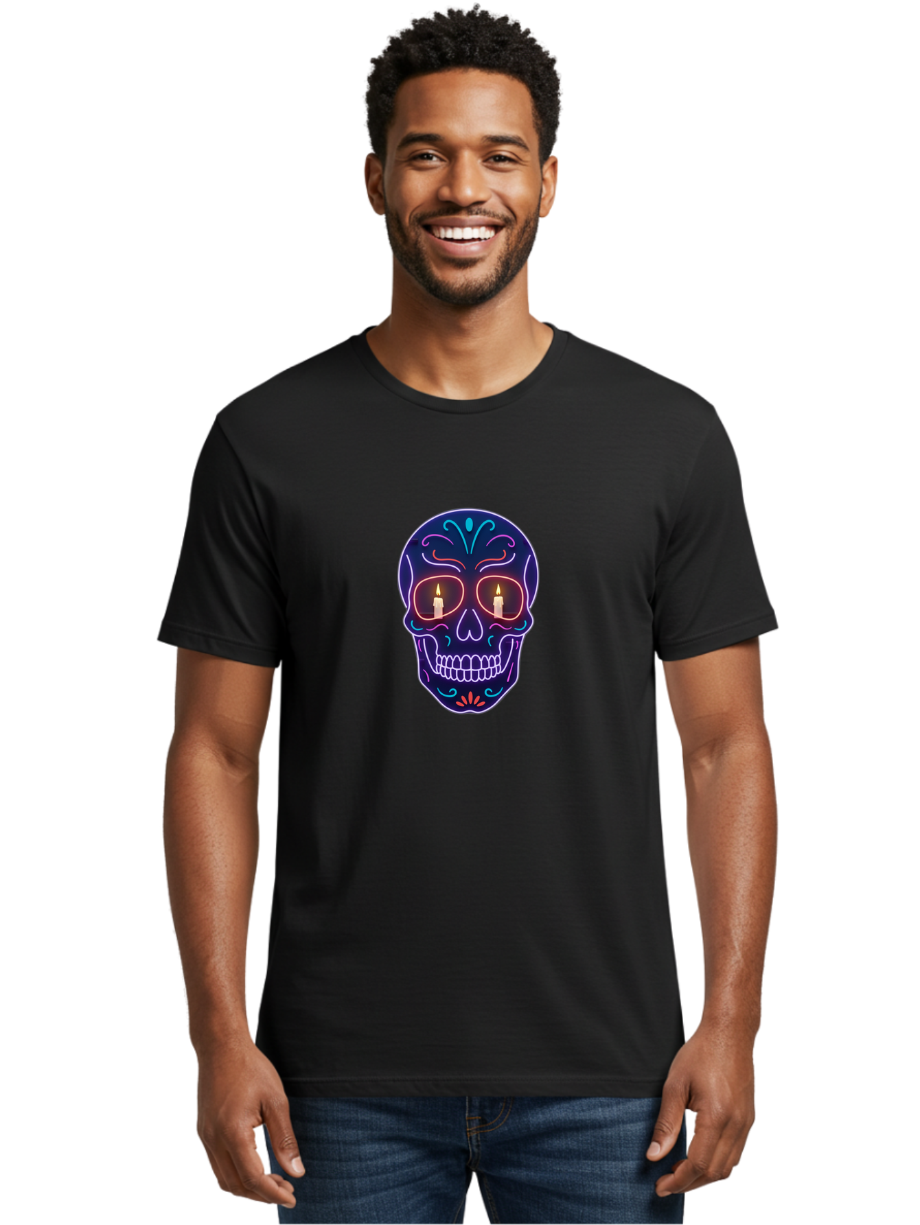 Sugar-Skull-5 Men'S Graphic Tee, 100% Cotton, Comfortable Casual Summer Wear, Machine Washable, Sugar Skull, Day Of The Dead, Neon Lights, Candles, Colorful Design, Vibrant Colors, Skull Decoration, Glowing Eyes Bad777 19
