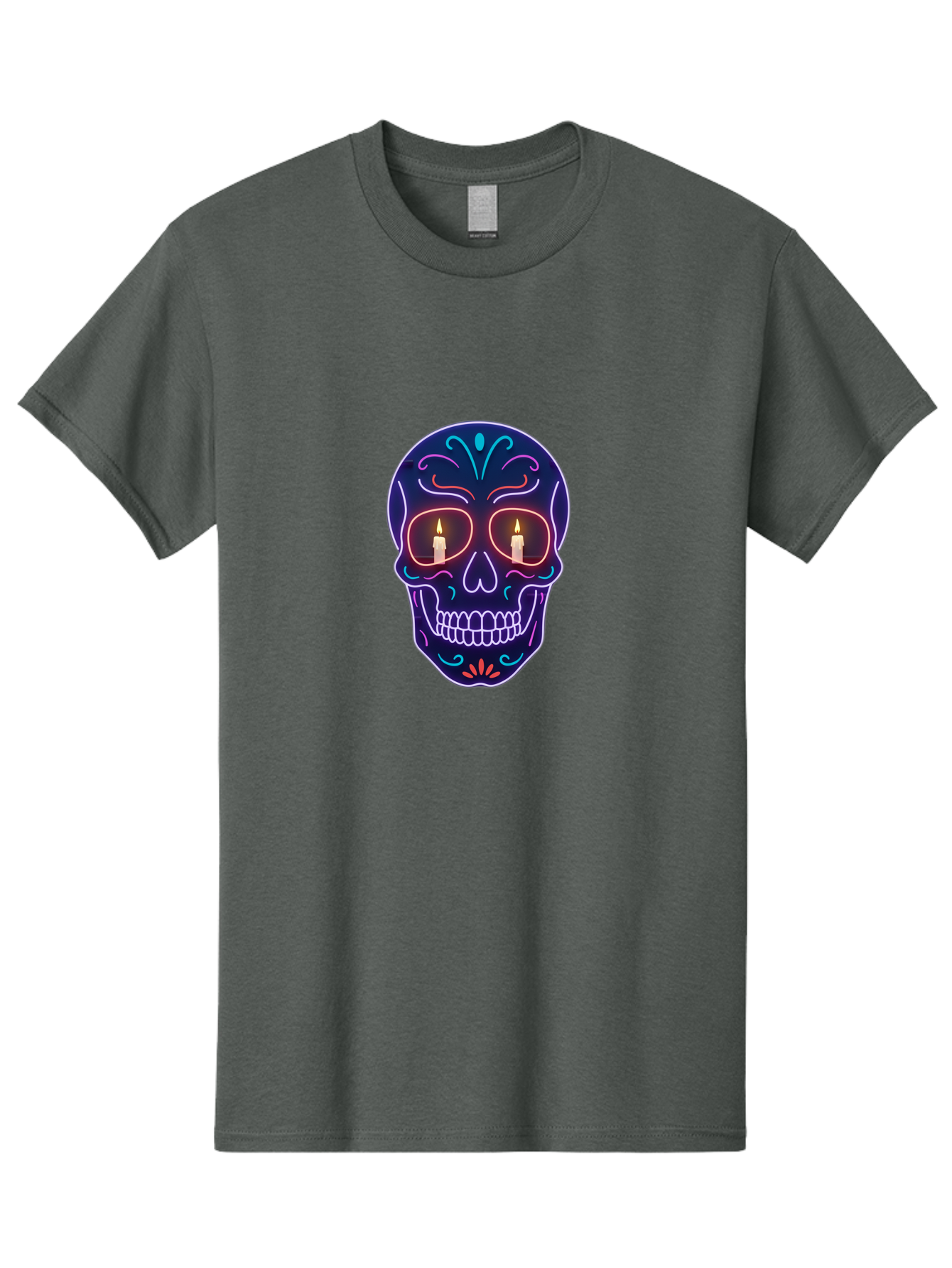 Sugar-Skull-5 Men'S Graphic Tee, 100% Cotton, Comfortable Casual Summer Wear, Machine Washable, Sugar Skull, Day Of The Dead, Neon Lights, Candles, Colorful Design, Vibrant Colors, Skull Decoration, Glowing Eyes Bad777 14