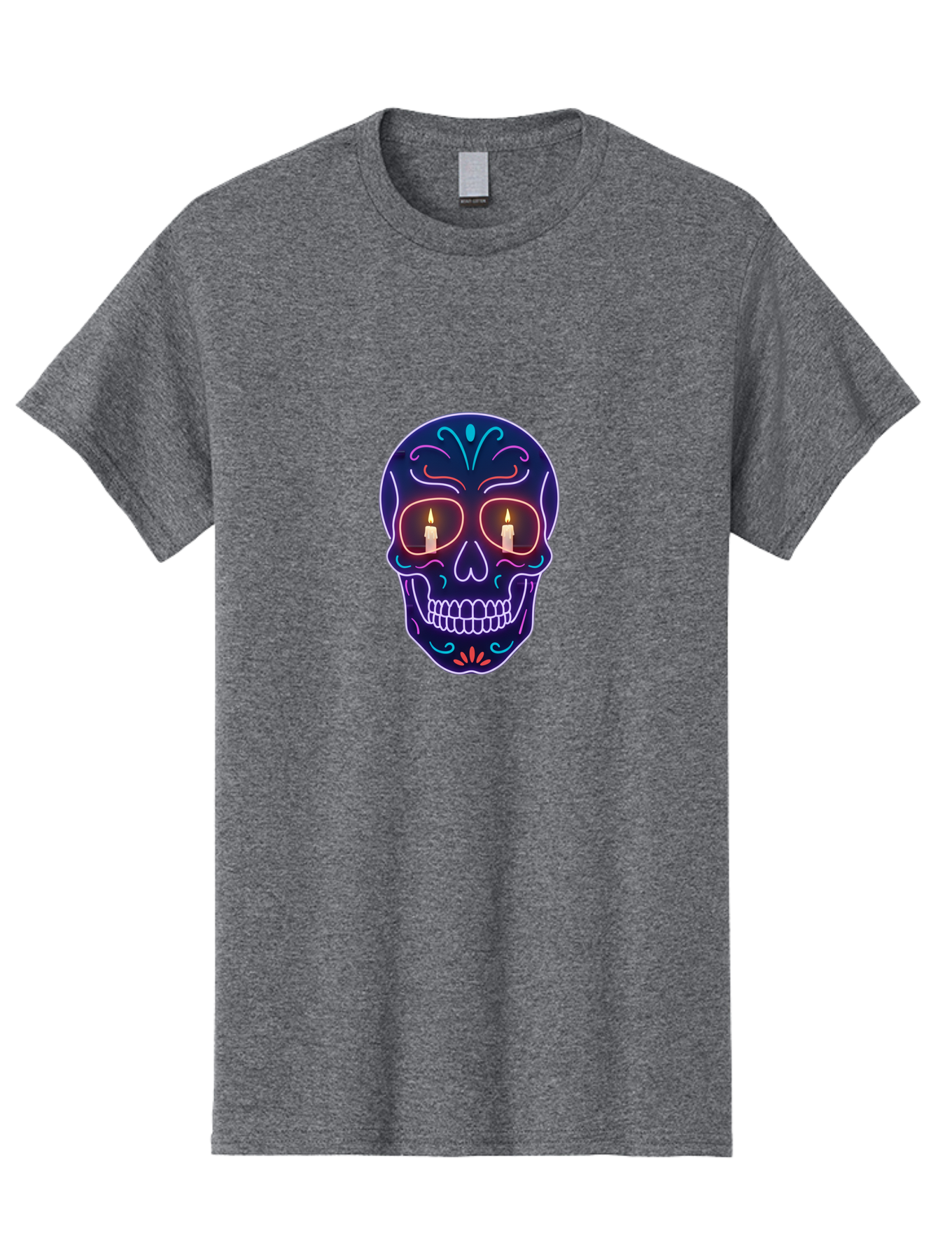 Sugar-Skull-5 Men'S Graphic Tee, 100% Cotton, Comfortable Casual Summer Wear, Machine Washable, Sugar Skull, Day Of The Dead, Neon Lights, Candles, Colorful Design, Vibrant Colors, Skull Decoration, Glowing Eyes Bad777 5