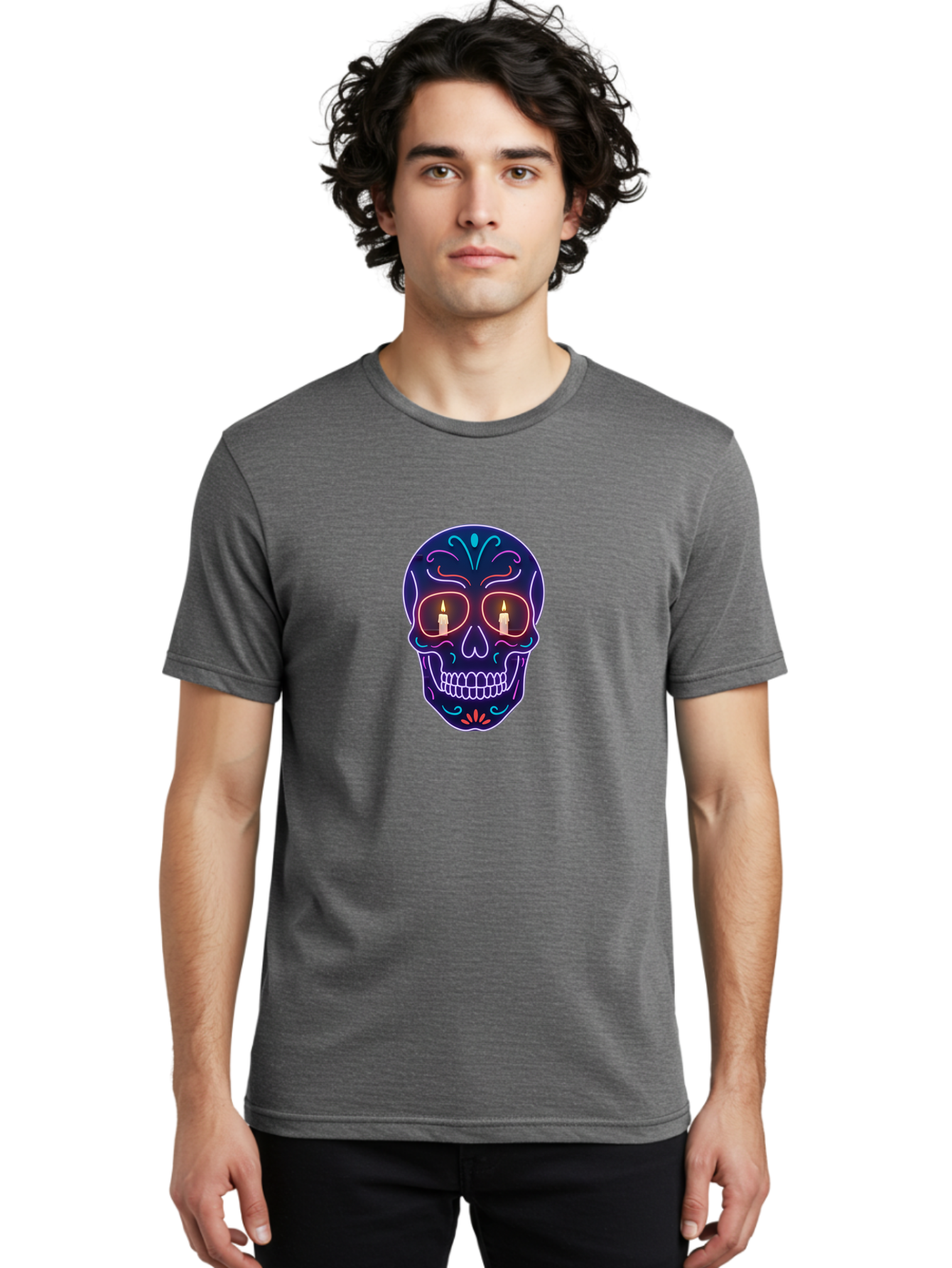 Sugar-Skull-5 Men'S Graphic Tee, 100% Cotton, Comfortable Casual Summer Wear, Machine Washable, Sugar Skull, Day Of The Dead, Neon Lights, Candles, Colorful Design, Vibrant Colors, Skull Decoration, Glowing Eyes Bad777 20