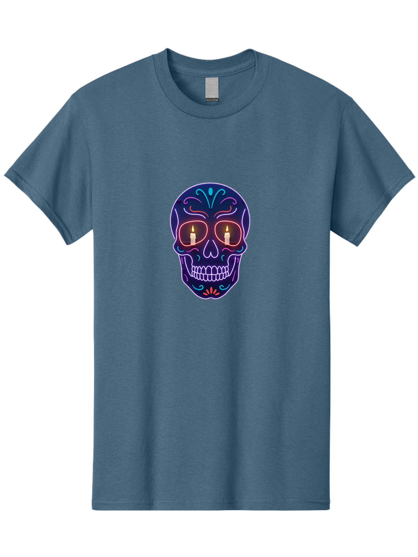 Sugar-Skull-5 Men'S Graphic Tee, 100% Cotton, Comfortable Casual Summer Wear, Machine Washable, Sugar Skull, Day Of The Dead, Neon Lights, Candles, Colorful Design, Vibrant Colors, Skull Decoration, Glowing Eyes Bad777 8