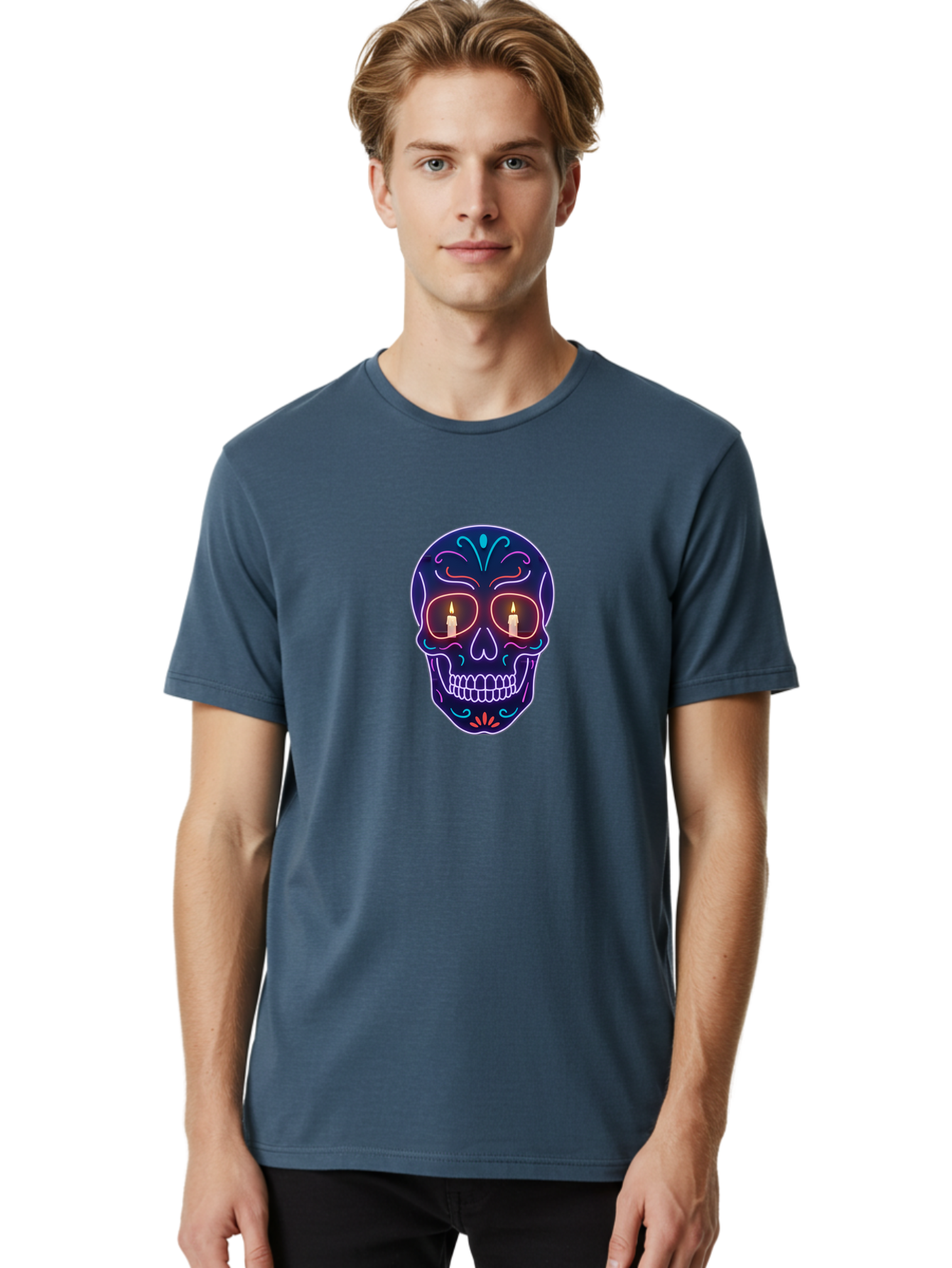 Sugar-Skull-5 Men'S Graphic Tee, 100% Cotton, Comfortable Casual Summer Wear, Machine Washable, Sugar Skull, Day Of The Dead, Neon Lights, Candles, Colorful Design, Vibrant Colors, Skull Decoration, Glowing Eyes Bad777 23