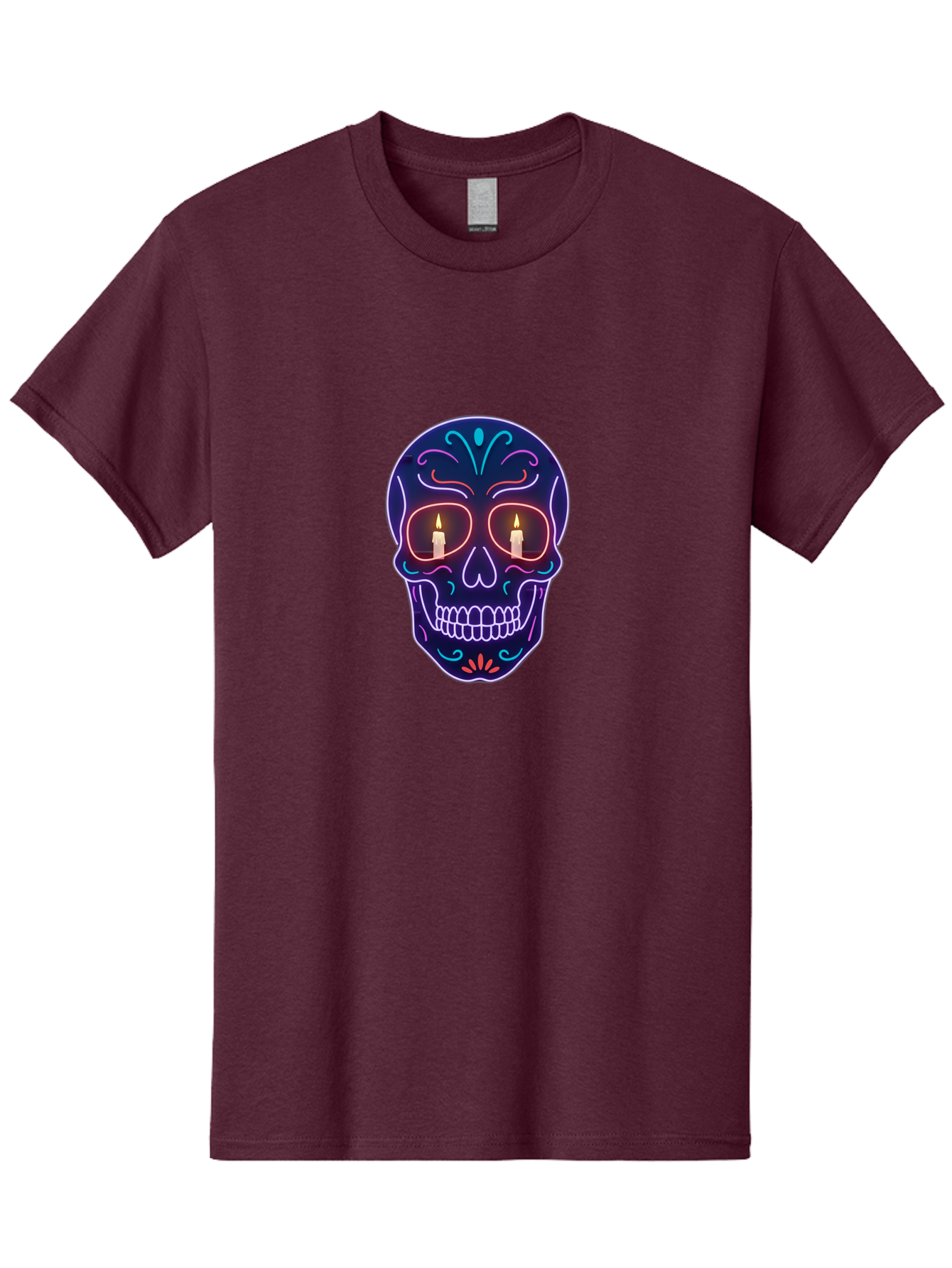 Sugar-Skull-5 Men'S Graphic Tee, 100% Cotton, Comfortable Casual Summer Wear, Machine Washable, Sugar Skull, Day Of The Dead, Neon Lights, Candles, Colorful Design, Vibrant Colors, Skull Decoration, Glowing Eyes Bad777 10