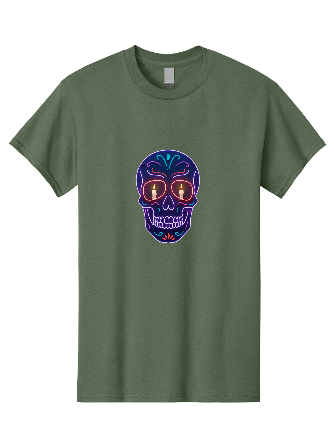 Sugar-Skull-5 Men'S Graphic Tee, 100% Cotton, Comfortable Casual Summer Wear, Machine Washable, Sugar Skull, Day Of The Dead, Neon Lights, Candles, Colorful Design, Vibrant Colors, Skull Decoration, Glowing Eyes Bad777 7