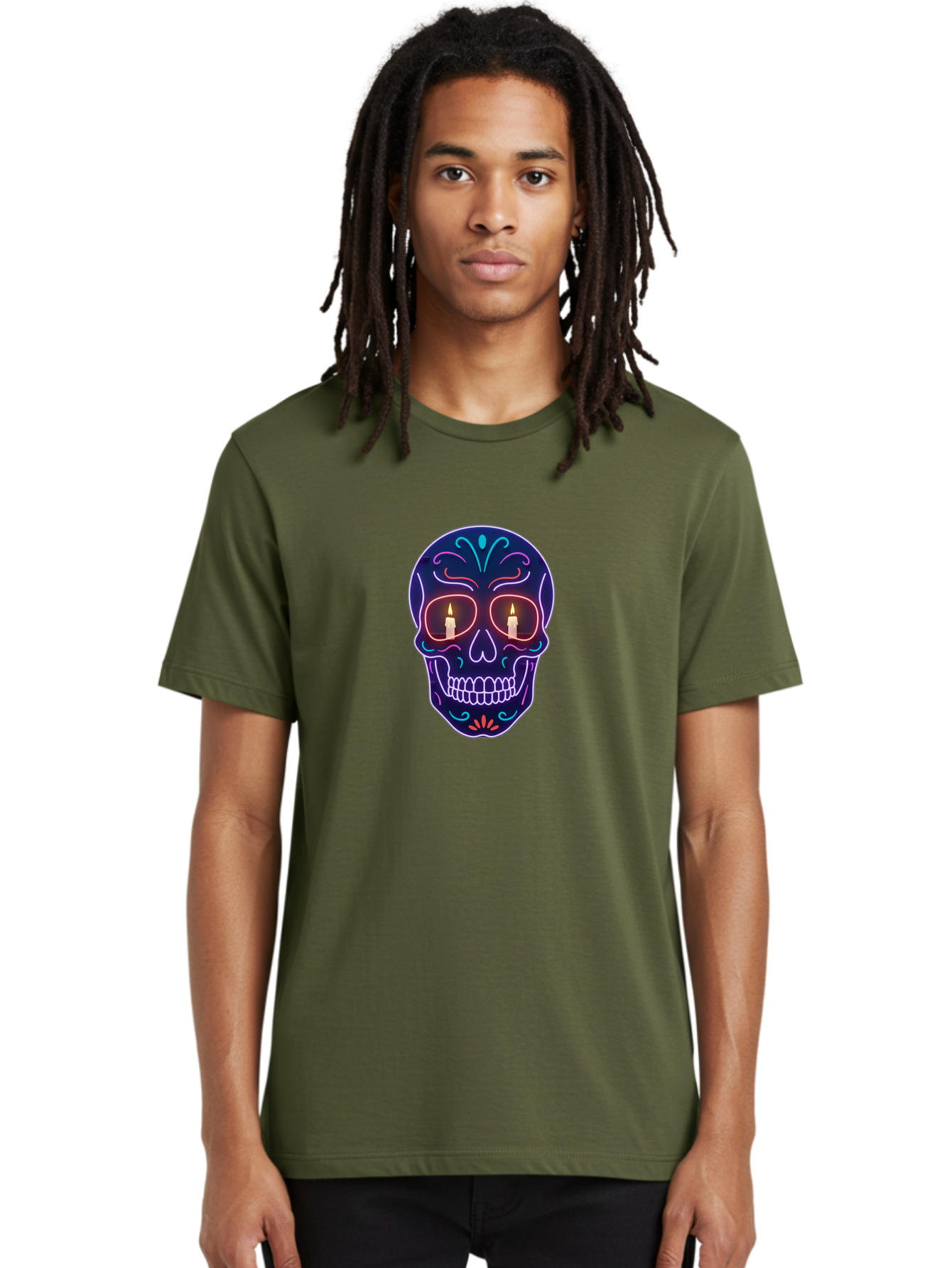 Sugar-Skull-5 Men'S Graphic Tee, 100% Cotton, Comfortable Casual Summer Wear, Machine Washable, Sugar Skull, Day Of The Dead, Neon Lights, Candles, Colorful Design, Vibrant Colors, Skull Decoration, Glowing Eyes Bad777 22