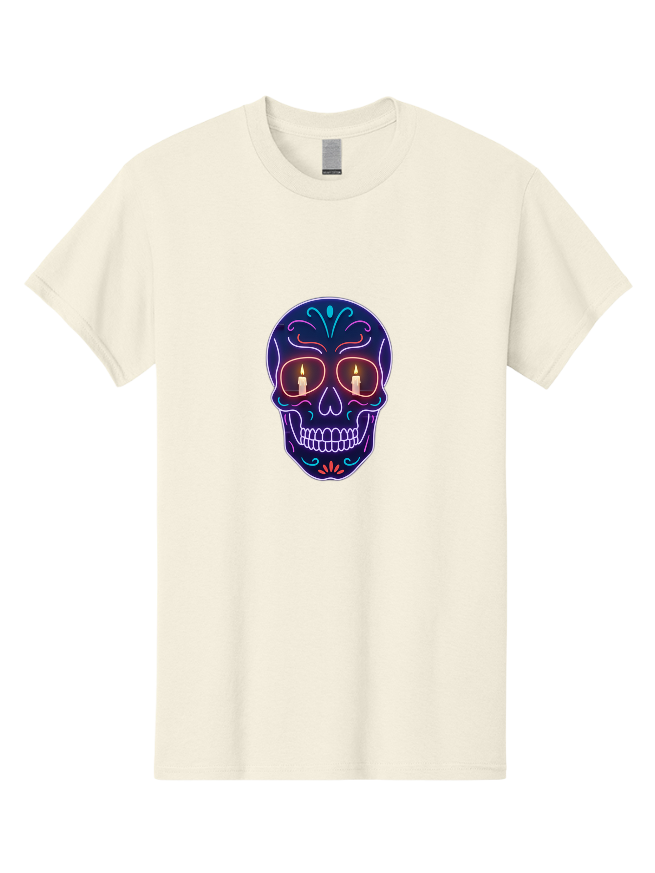 Sugar-Skull-5 Men'S Graphic Tee, 100% Cotton, Comfortable Casual Summer Wear, Machine Washable, Sugar Skull, Day Of The Dead, Neon Lights, Candles, Colorful Design, Vibrant Colors, Skull Decoration, Glowing Eyes Bad777 9