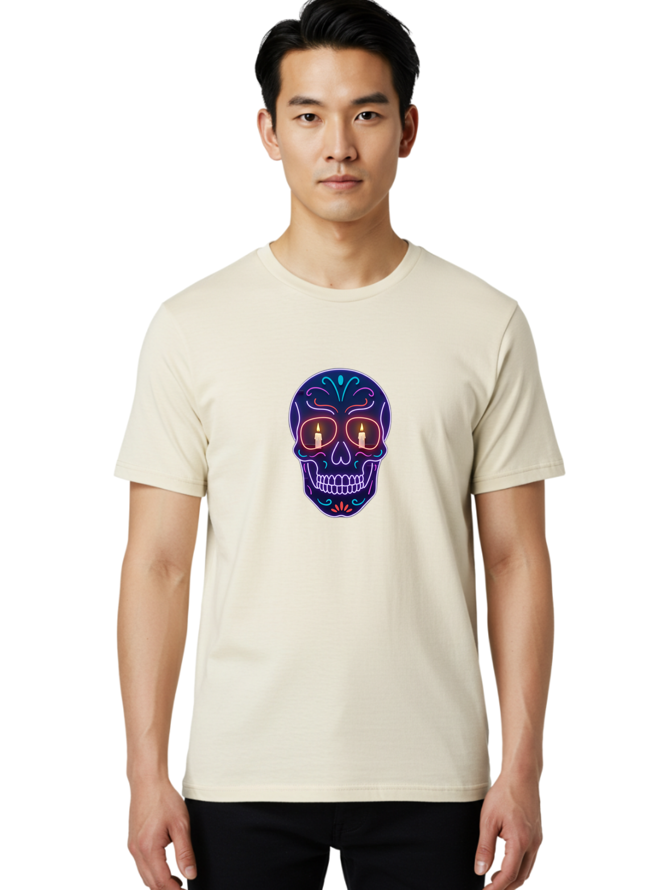 Sugar-Skull-5 Men'S Graphic Tee, 100% Cotton, Comfortable Casual Summer Wear, Machine Washable, Sugar Skull, Day Of The Dead, Neon Lights, Candles, Colorful Design, Vibrant Colors, Skull Decoration, Glowing Eyes Bad777 24