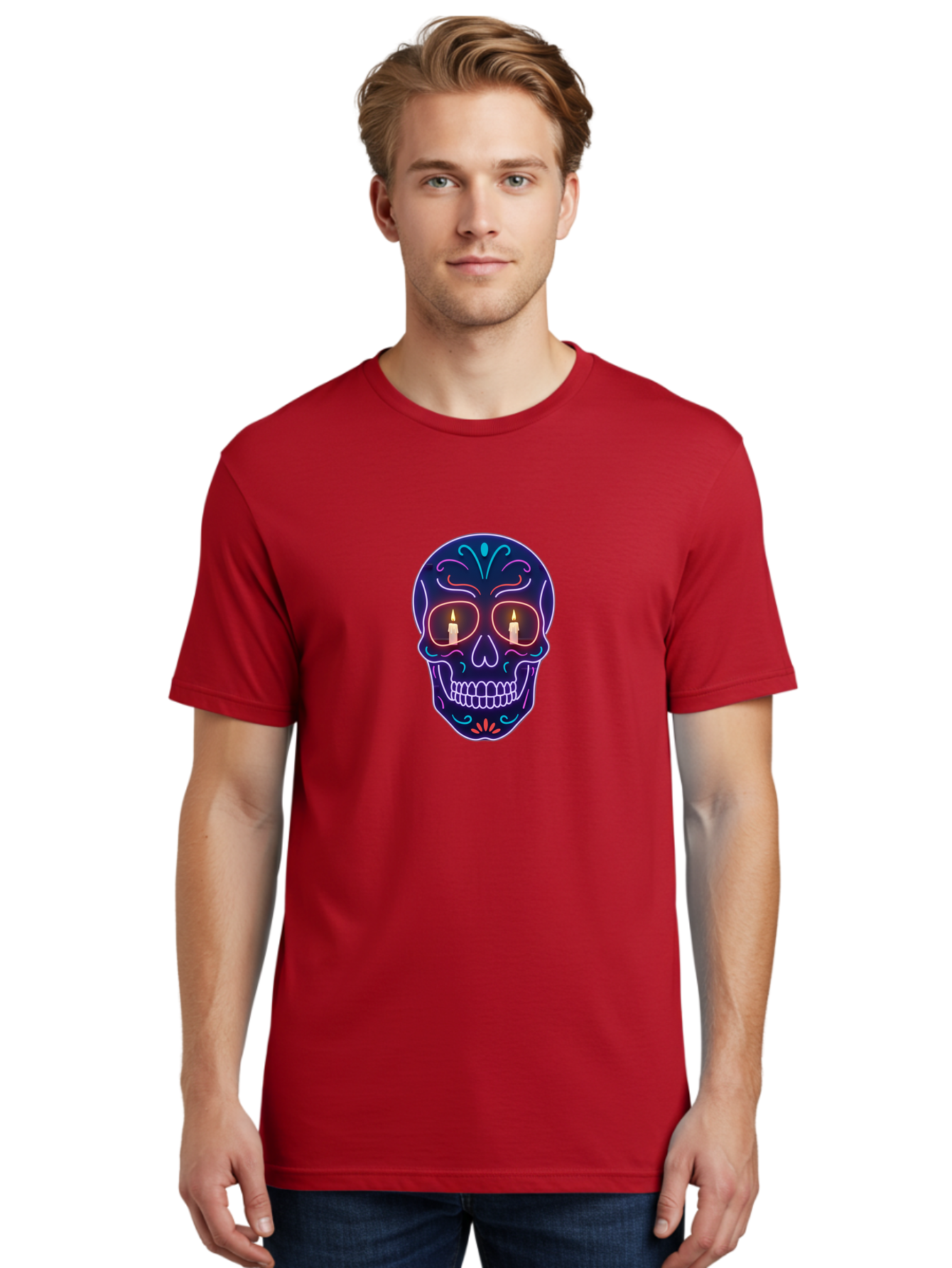 Sugar-Skull-5 Men'S Graphic Tee, 100% Cotton, Comfortable Casual Summer Wear, Machine Washable, Sugar Skull, Day Of The Dead, Neon Lights, Candles, Colorful Design, Vibrant Colors, Skull Decoration, Glowing Eyes Bad777 30