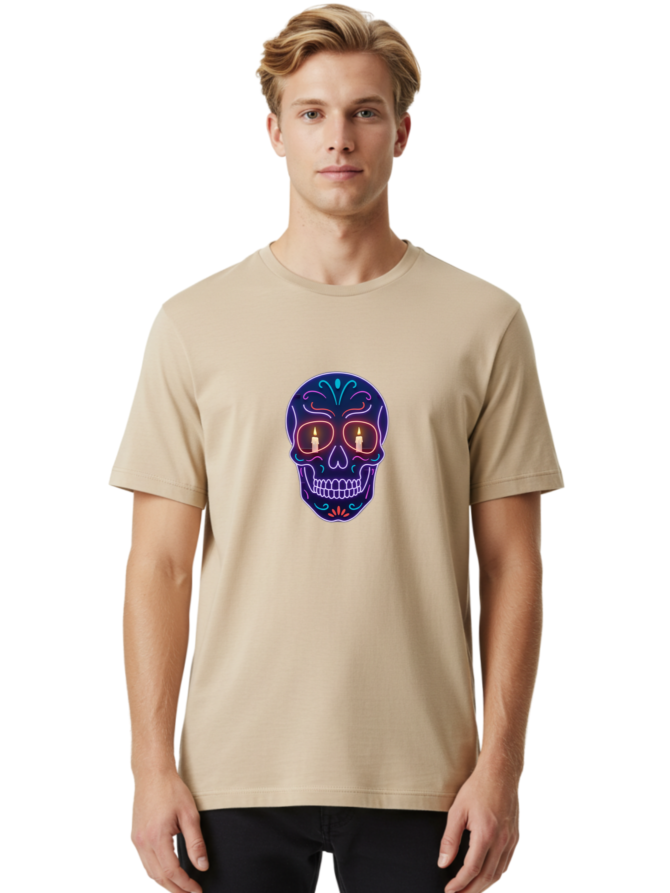 Sugar-Skull-5 Men'S Graphic Tee, 100% Cotton, Comfortable Casual Summer Wear, Machine Washable, Sugar Skull, Day Of The Dead, Neon Lights, Candles, Colorful Design, Vibrant Colors, Skull Decoration, Glowing Eyes Bad777 17
