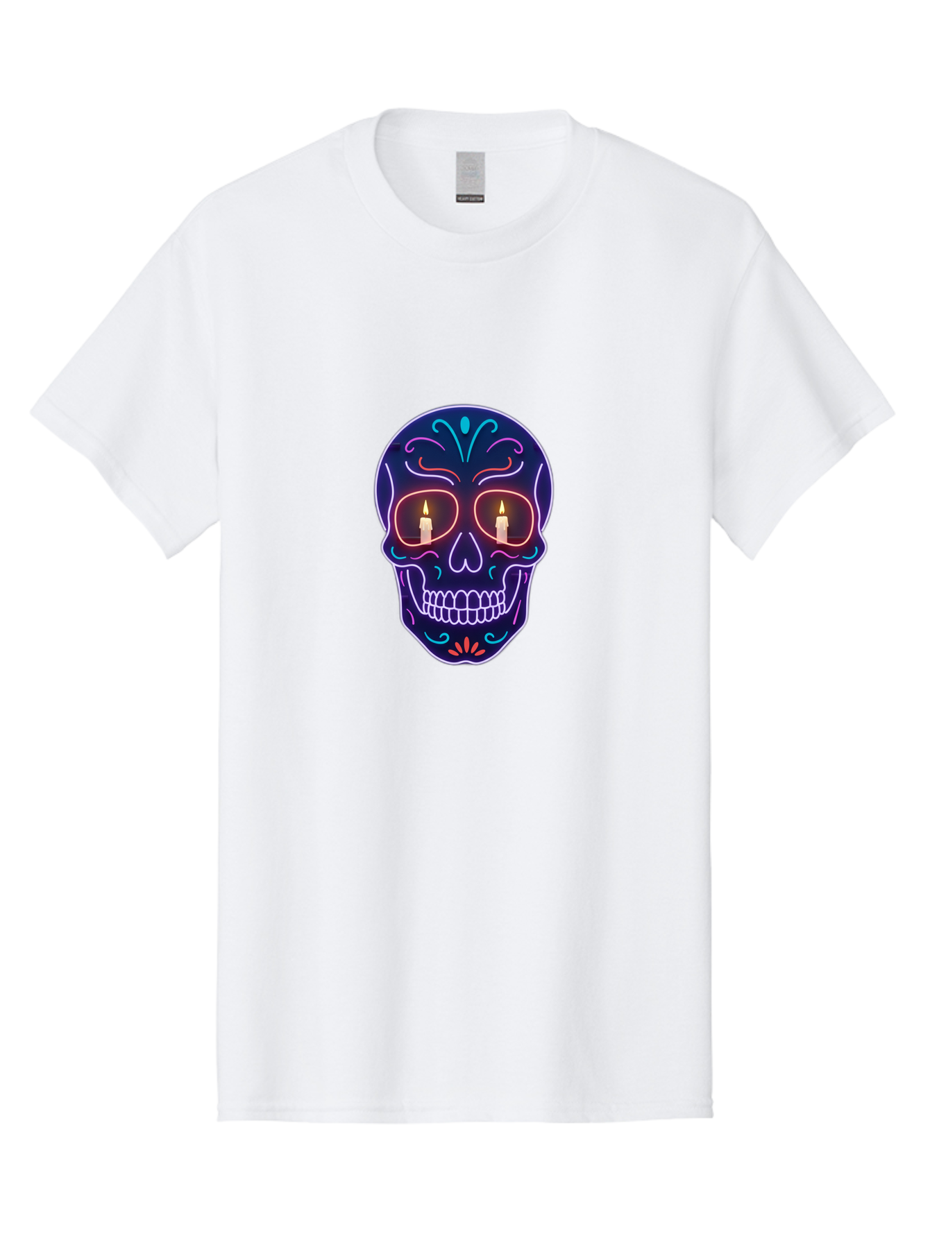 Sugar-Skull-5 Men'S Graphic Tee, 100% Cotton, Comfortable Casual Summer Wear, Machine Washable, Sugar Skull, Day Of The Dead, Neon Lights, Candles, Colorful Design, Vibrant Colors, Skull Decoration, Glowing Eyes Bad777 12