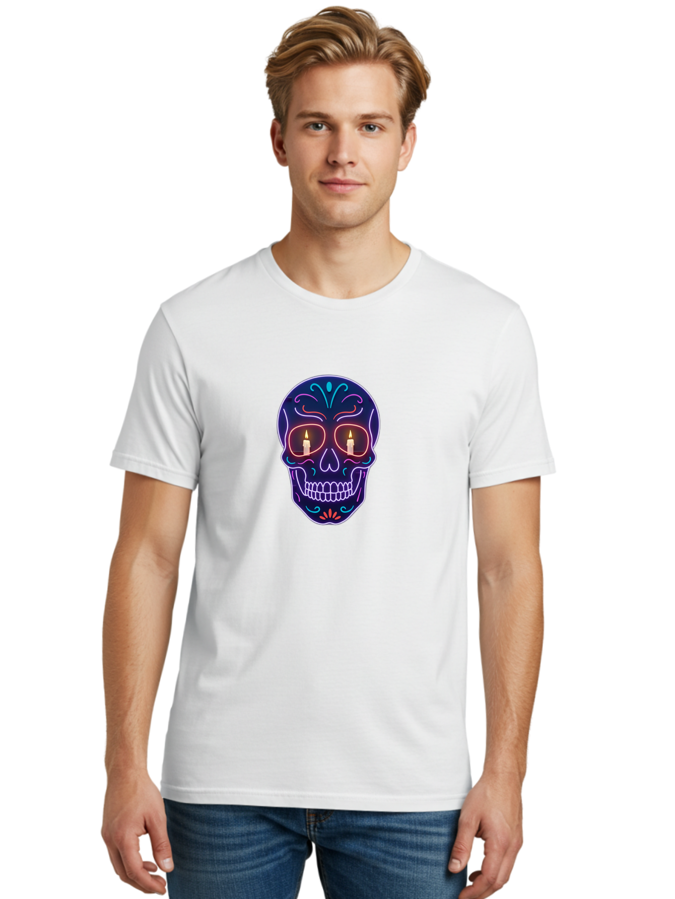 Sugar-Skull-5 Men'S Graphic Tee, 100% Cotton, Comfortable Casual Summer Wear, Machine Washable, Sugar Skull, Day Of The Dead, Neon Lights, Candles, Colorful Design, Vibrant Colors, Skull Decoration, Glowing Eyes Bad777 27