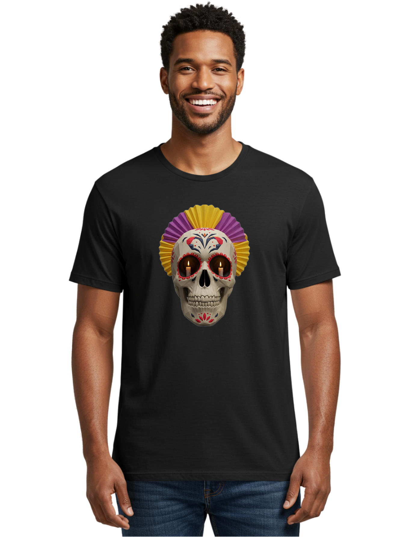 Sugar-Skull-6 Men'S Graphic Tee, 100% Cotton, Comfortable Casual Summer Wear, Machine Washable, Sugar Skull, Day Of The Dead, Mexican Culture, Lit Candles, Decorative Patterns, Vibrant Colors, Festive Decorations, Skull Art, Bad778 20