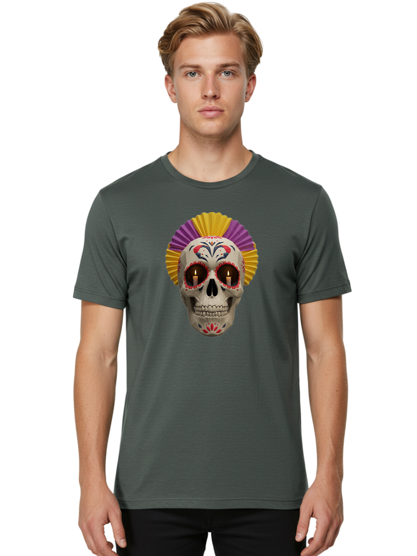 Sugar-Skull-6 Men'S Graphic Tee, 100% Cotton, Comfortable Casual Summer Wear, Machine Washable, Sugar Skull, Day Of The Dead, Mexican Culture, Lit Candles, Decorative Patterns, Vibrant Colors, Festive Decorations, Skull Art, Bad778 25