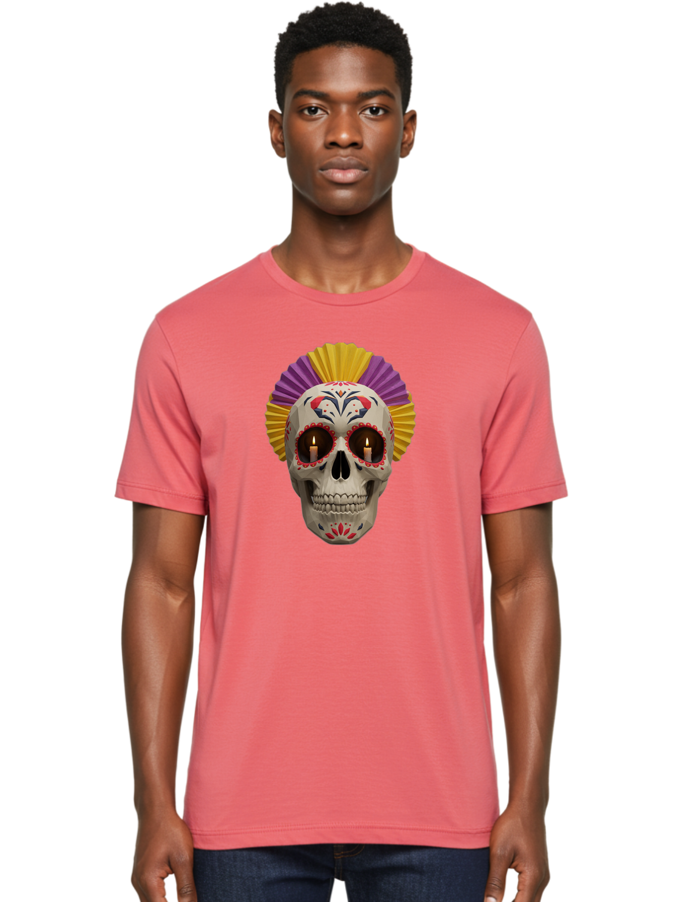 Sugar-Skull-6 Men'S Graphic Tee, 100% Cotton, Comfortable Casual Summer Wear, Machine Washable, Sugar Skull, Day Of The Dead, Mexican Culture, Lit Candles, Decorative Patterns, Vibrant Colors, Festive Decorations, Skull Art, Bad778 24