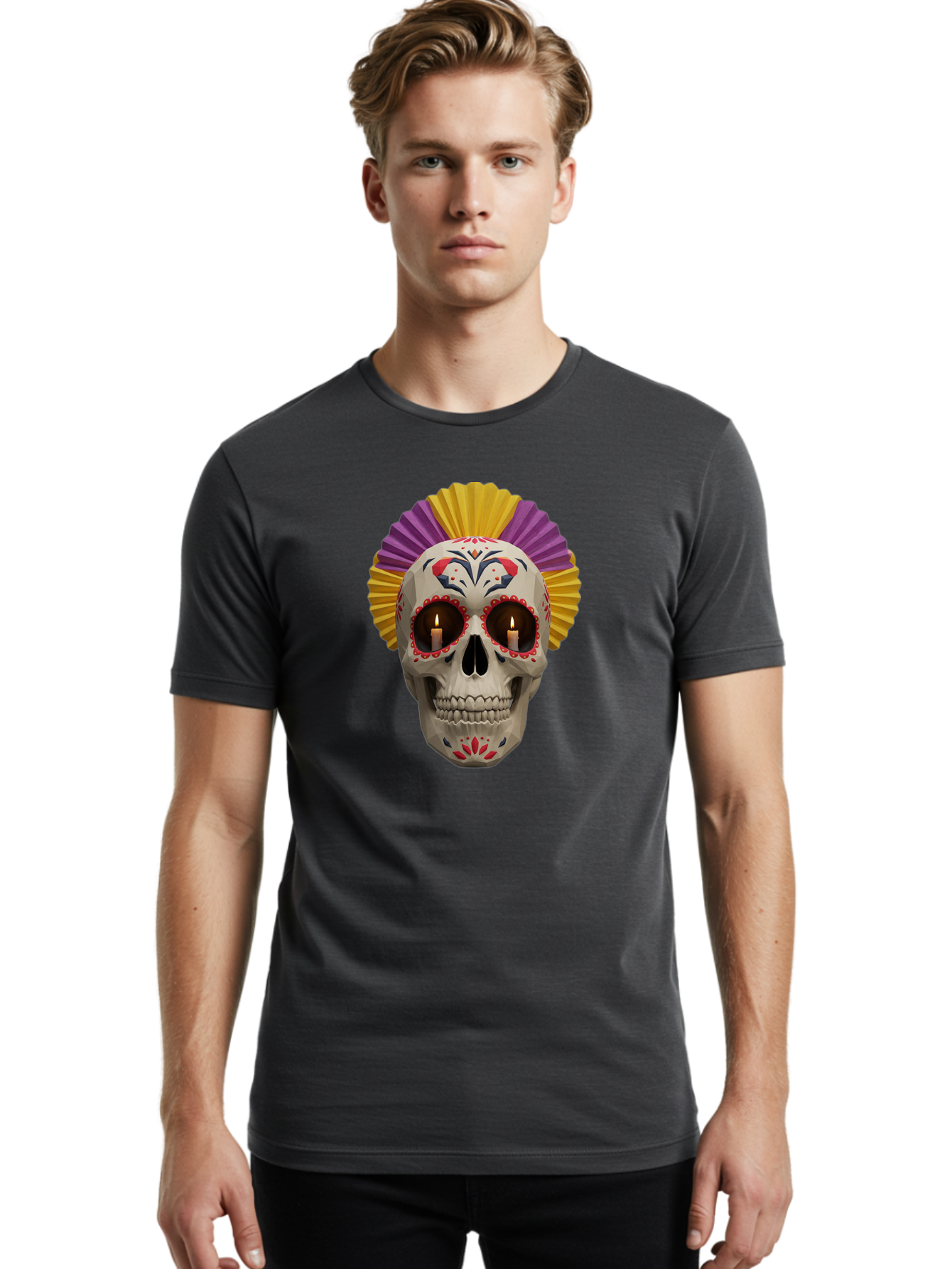 Sugar-Skull-6 Men'S Graphic Tee, 100% Cotton, Comfortable Casual Summer Wear, Machine Washable, Sugar Skull, Day Of The Dead, Mexican Culture, Lit Candles, Decorative Patterns, Vibrant Colors, Festive Decorations, Skull Art, Bad778 18