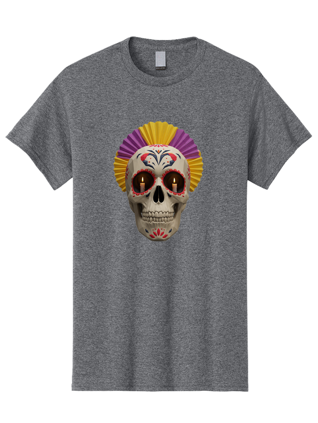 Sugar-Skull-6 Men'S Graphic Tee, 100% Cotton, Comfortable Casual Summer Wear, Machine Washable, Sugar Skull, Day Of The Dead, Mexican Culture, Lit Candles, Decorative Patterns, Vibrant Colors, Festive Decorations, Skull Art, Bad778 15
