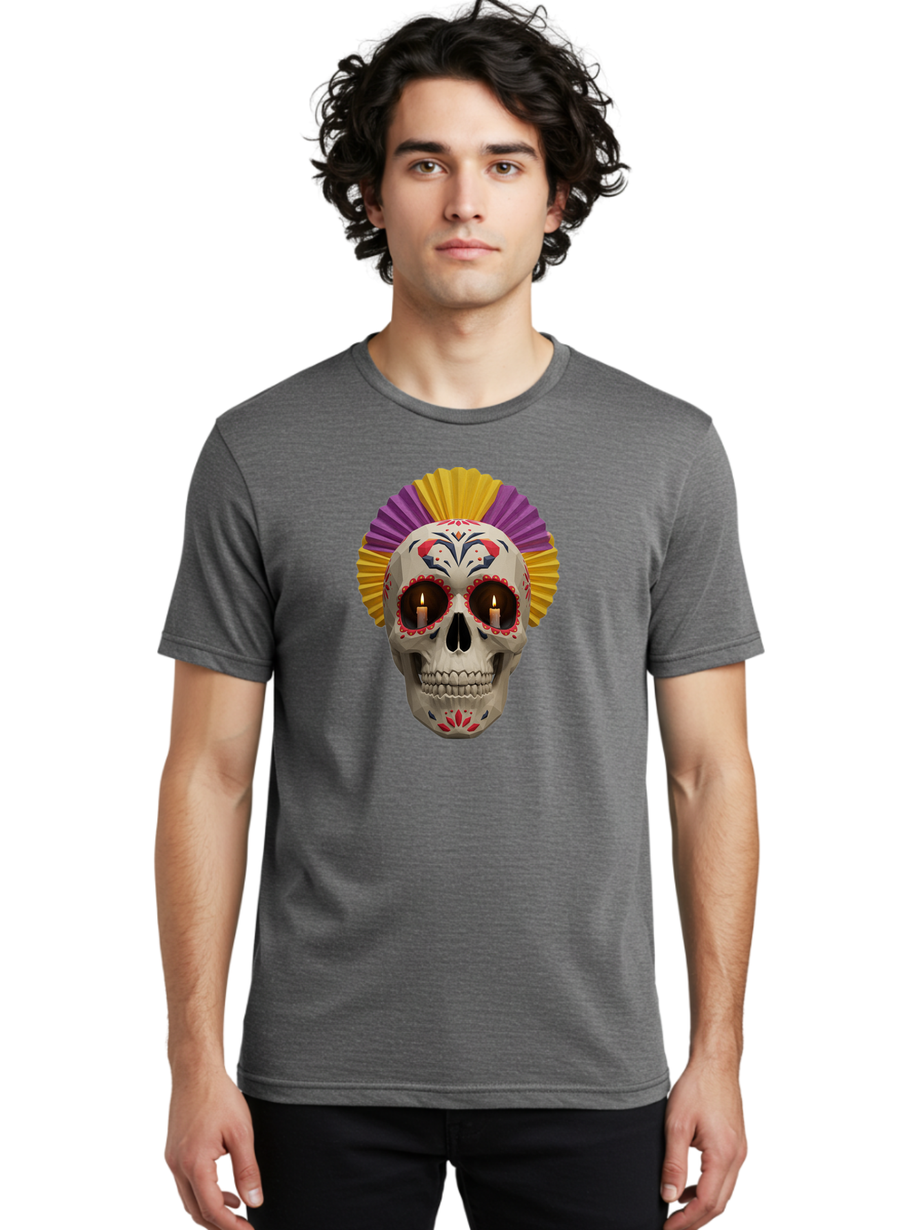 Sugar-Skull-6 Men'S Graphic Tee, 100% Cotton, Comfortable Casual Summer Wear, Machine Washable, Sugar Skull, Day Of The Dead, Mexican Culture, Lit Candles, Decorative Patterns, Vibrant Colors, Festive Decorations, Skull Art, Bad778 30