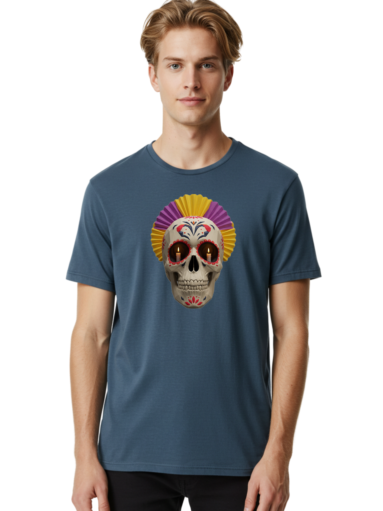 Sugar-Skull-6 Men'S Graphic Tee, 100% Cotton, Comfortable Casual Summer Wear, Machine Washable, Sugar Skull, Day Of The Dead, Mexican Culture, Lit Candles, Decorative Patterns, Vibrant Colors, Festive Decorations, Skull Art, Bad778 28