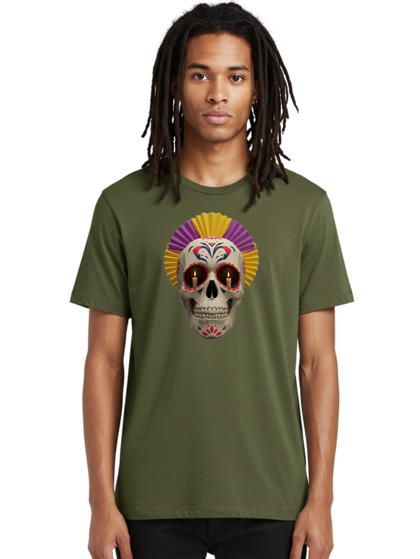 Sugar-Skull-6 Men'S Graphic Tee, 100% Cotton, Comfortable Casual Summer Wear, Machine Washable, Sugar Skull, Day Of The Dead, Mexican Culture, Lit Candles, Decorative Patterns, Vibrant Colors, Festive Decorations, Skull Art, Bad778 27