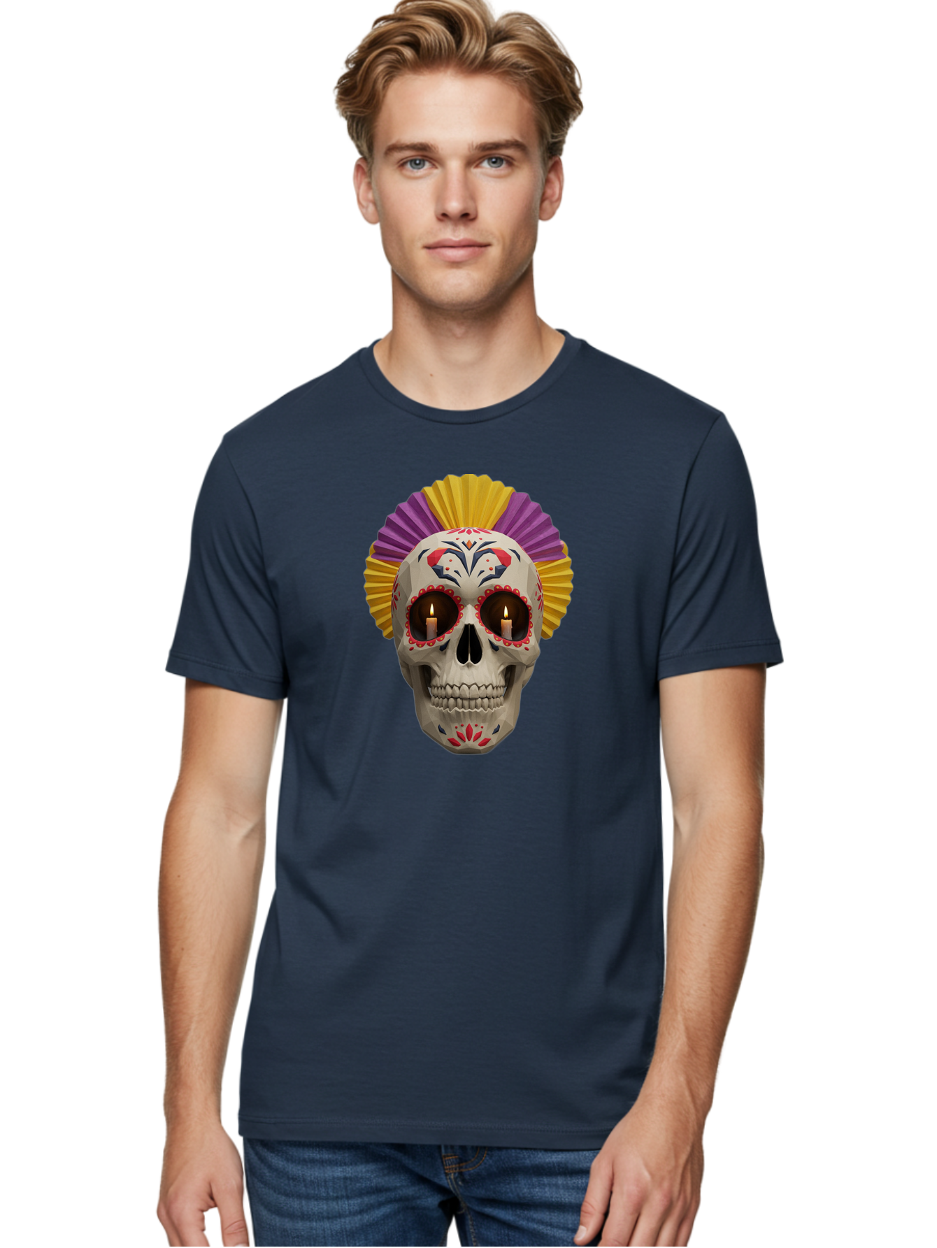 Sugar-Skull-6 Men'S Graphic Tee, 100% Cotton, Comfortable Casual Summer Wear, Machine Washable, Sugar Skull, Day Of The Dead, Mexican Culture, Lit Candles, Decorative Patterns, Vibrant Colors, Festive Decorations, Skull Art, Bad778 29